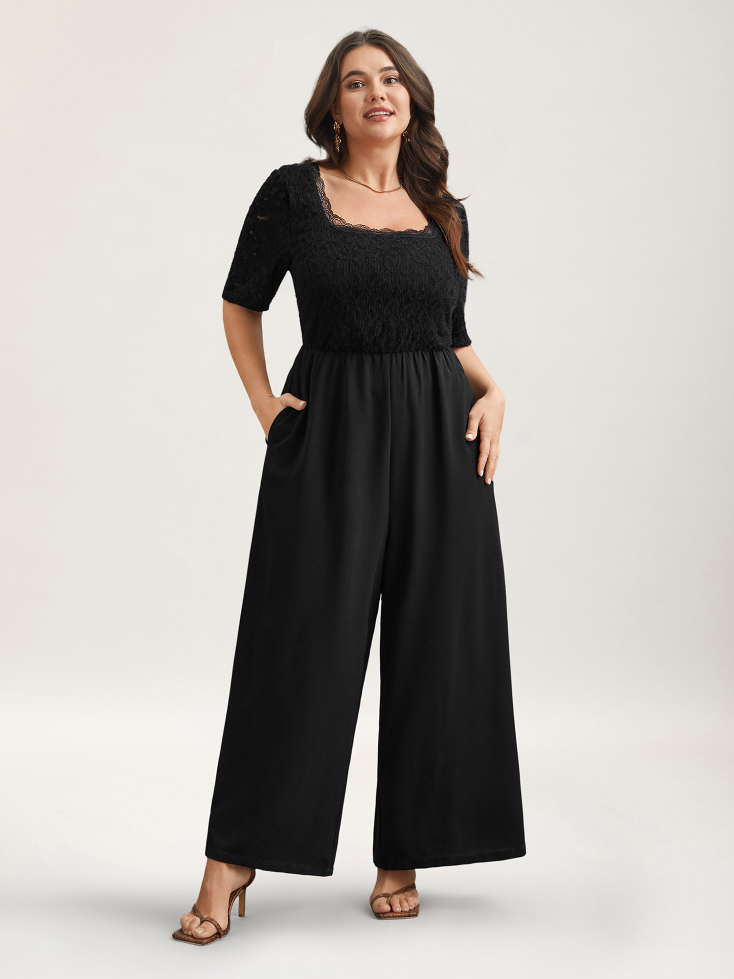 

Plus Size Black Textured Lace Spliced Square Neck Jumpsuit Women Elegant Short sleeve Square Neck Everyday Loose Jumpsuits BloomChic