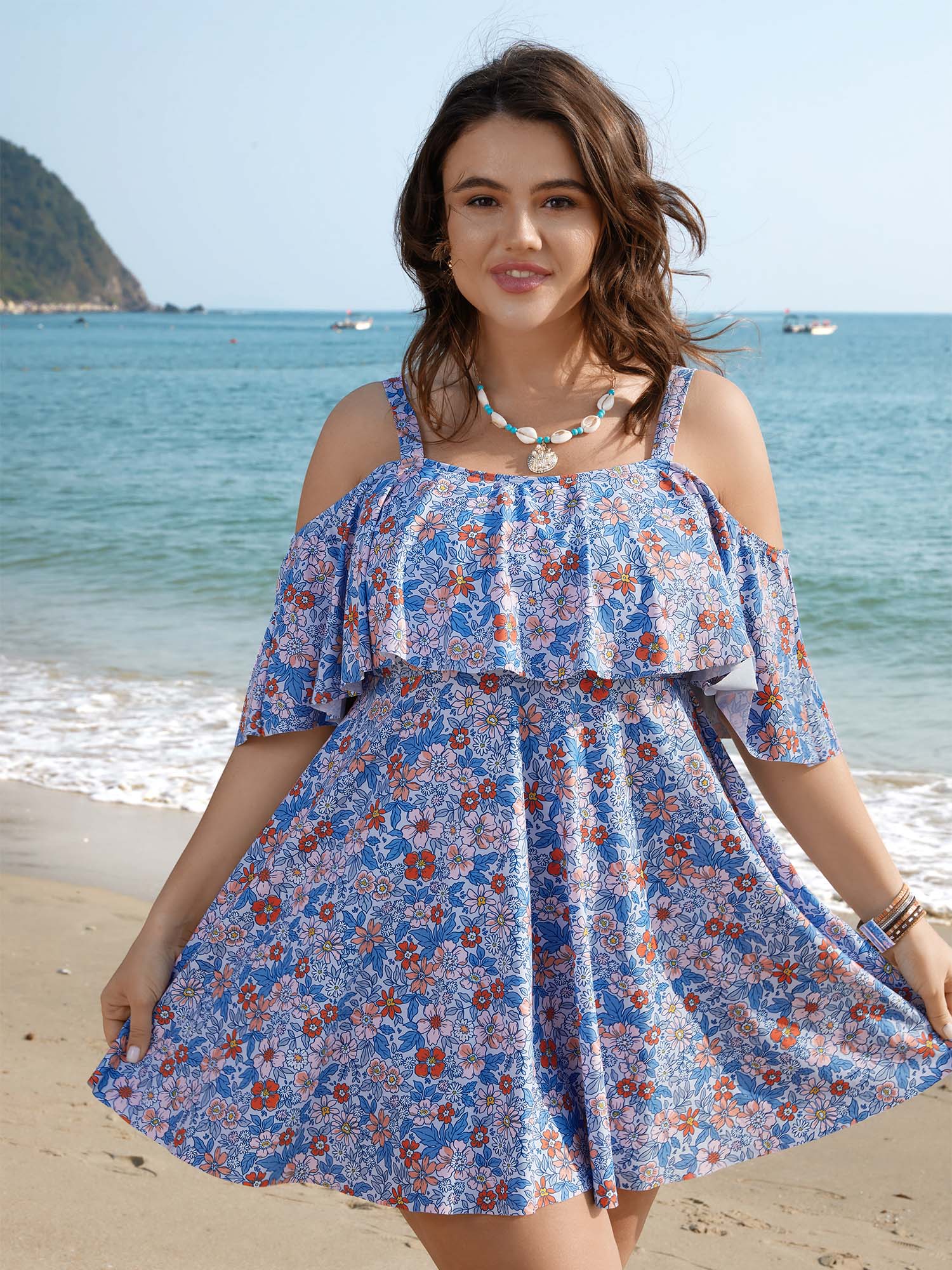 

Plus Size Floral Cold-Shoulder Ruffled Swim Dress Women's Swimwear LightBlue Beach Bodycon One-shoulder neck High stretch Curve Swim Dresses BloomChic