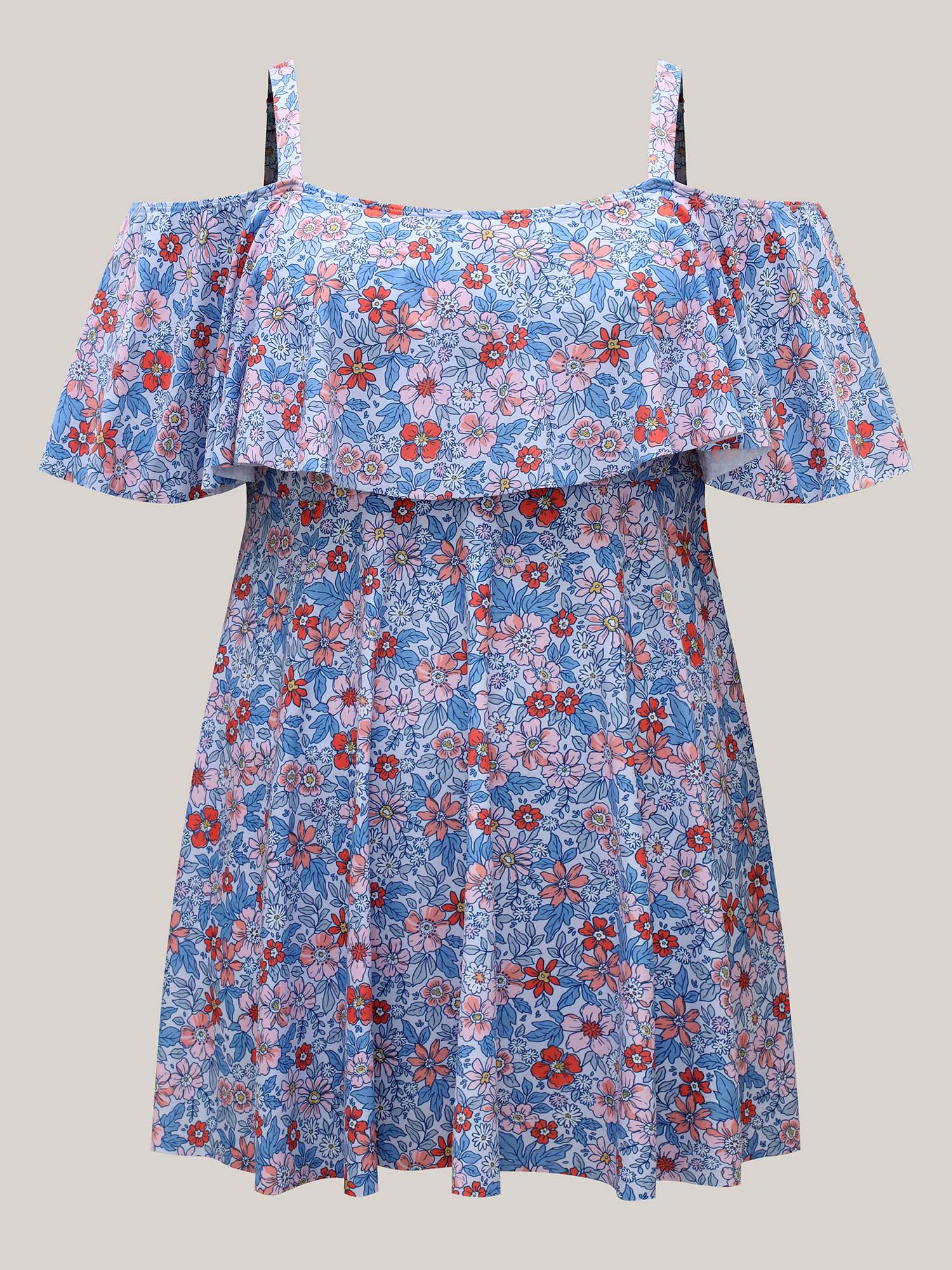 Plus Size Floral Cold-Shoulder Ruffled Swim Dress Women`s Swimwear LightBlue Beach Bodycon One-shoulder neck High stretch Curve Swim Dresses BloomChic 14-16/1X 
