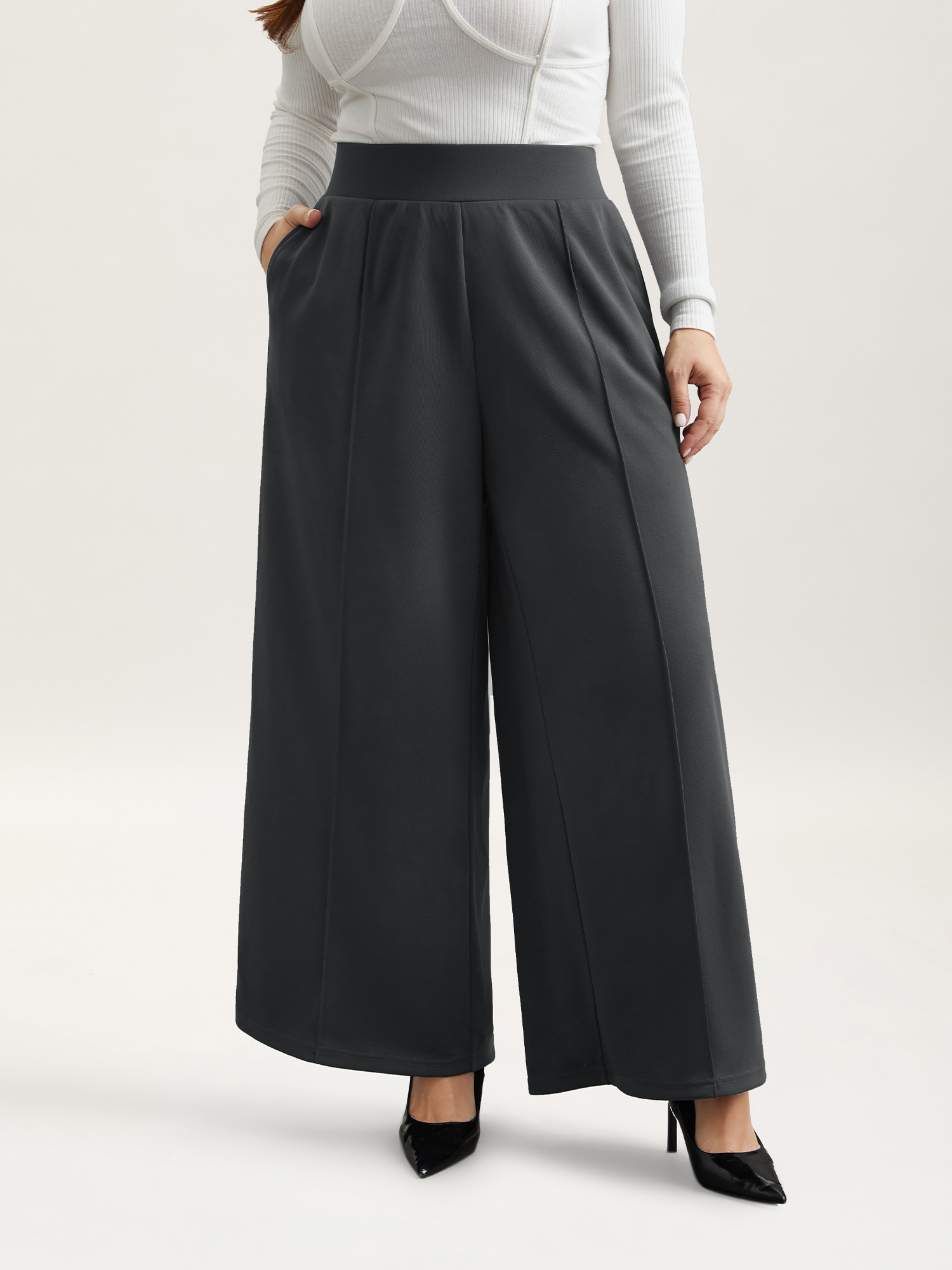 

Plus Size Ruched Tummy-Control Seamed Wide Leg Pants Women DimGray At the Office Wide Leg Mid Rise Work Pants BloomChic