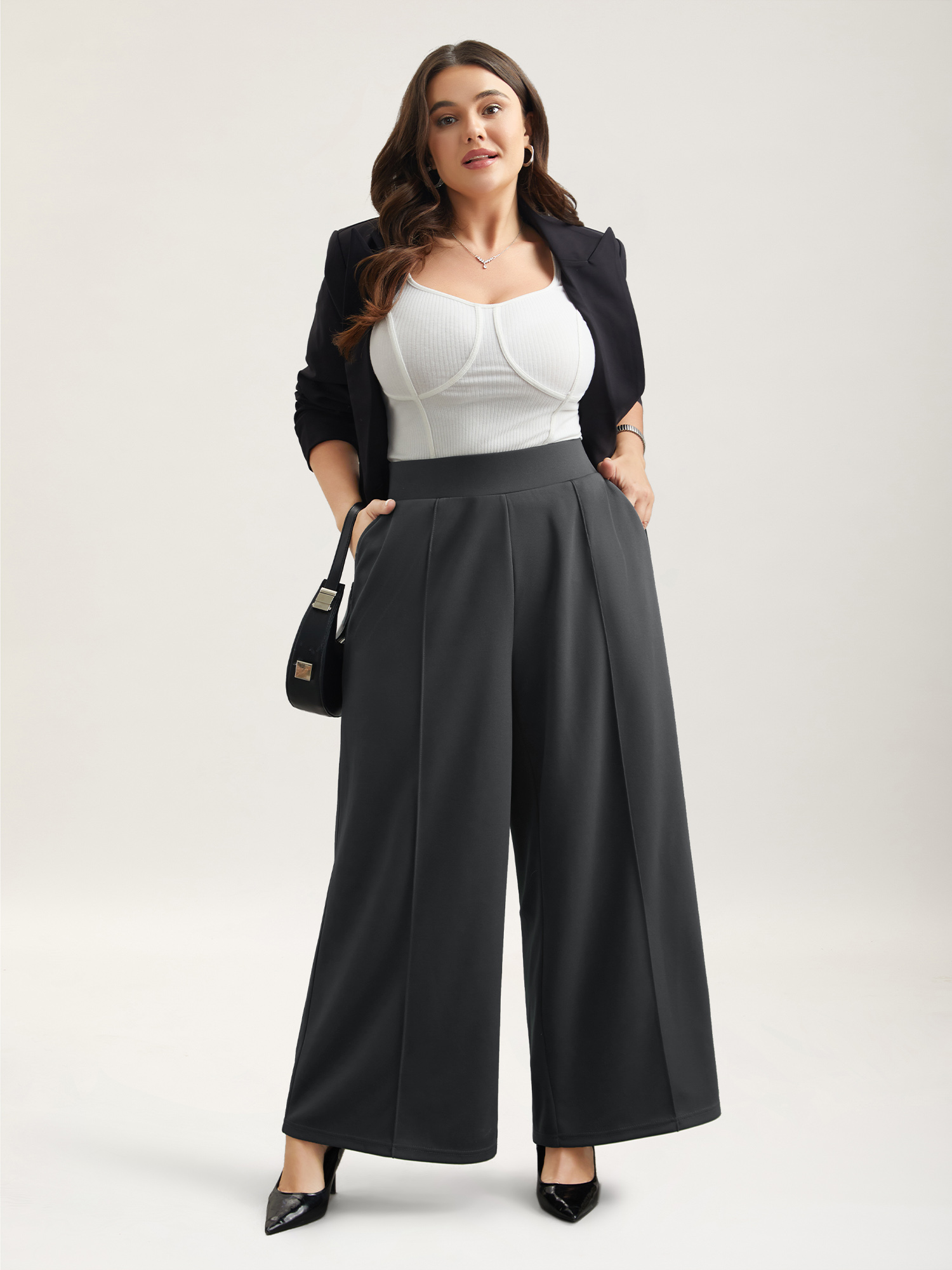 

Plus Size Ruched Tummy-Control Seamed Wide Leg Pants Women DimGray At the Office Wide Leg Mid Rise Work Pants BloomChic