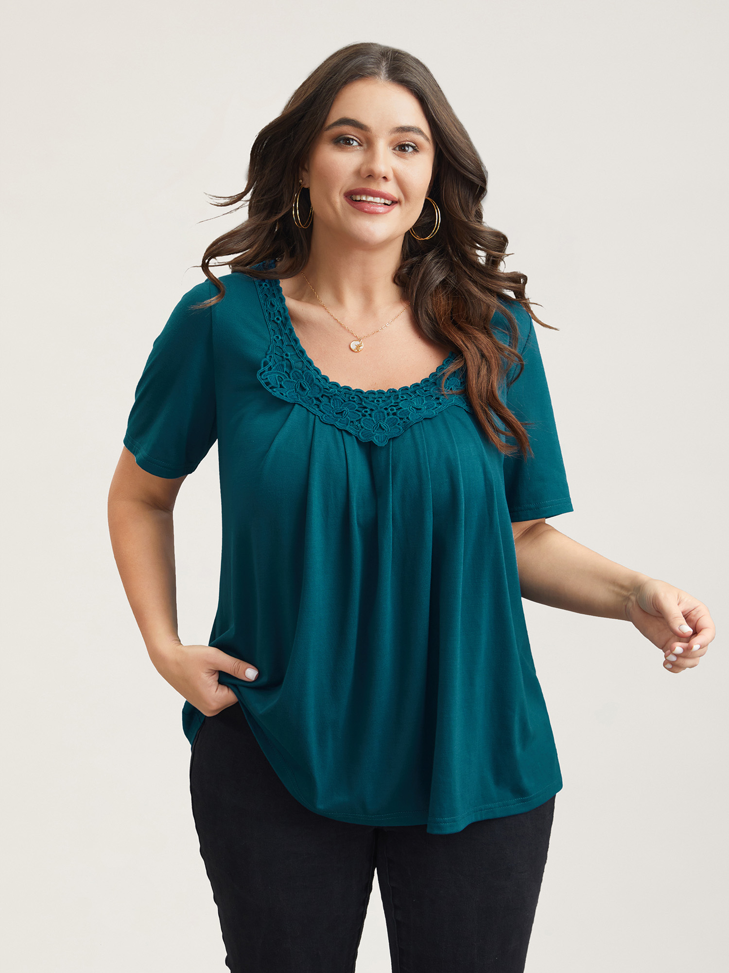 

Plus Size Lace Trim Pleated Round Neck T-Shirt Cyan Women Casual Woven ribbon&lace trim Lace collar Everyday T-shirts BloomChic