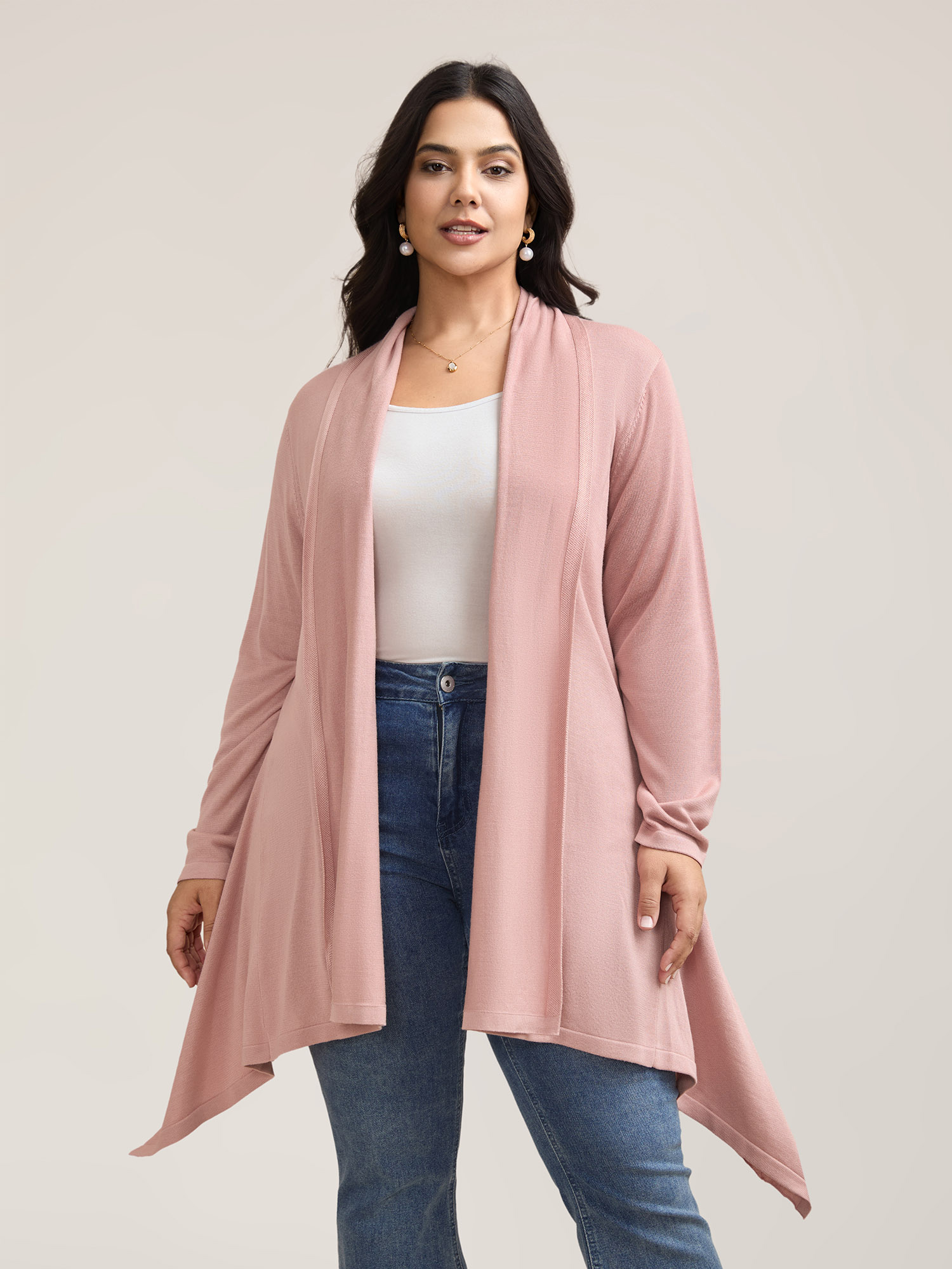 

Plus Size Hi-Low Hem Open-Front Knit Cardigan Crepe Women Casual Loose Long Sleeve Everyday Cardigans BloomChic