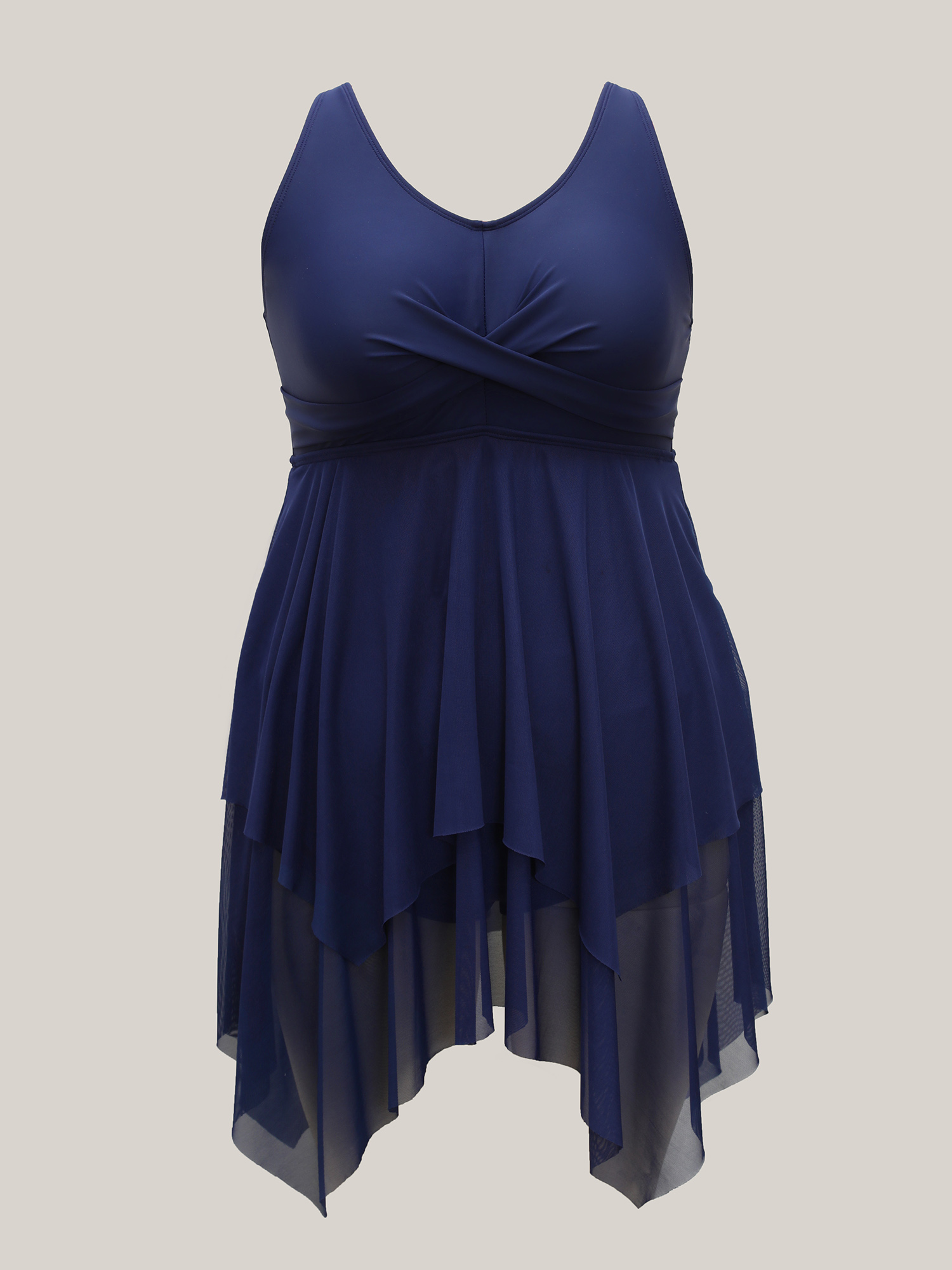 Plus Size Twist Front Hi-Low Hem Sheer Layered Swim Dress Women`s Swimwear Indigo Beach Bodycon U-neck High stretch Curve Swim Dresses BloomChic 26/4X 