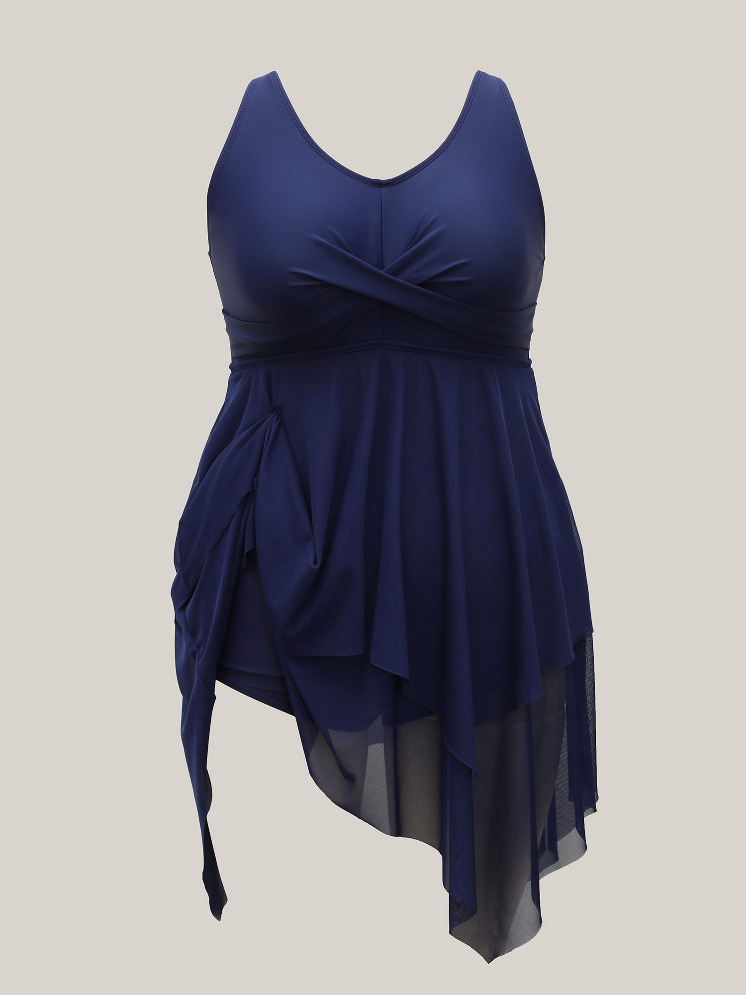 Plus Size Twist Front Hi-Low Hem Sheer Layered Swim Dress Women`s Swimwear Indigo Beach Bodycon U-neck High stretch Curve Swim Dresses BloomChic 26/4X 