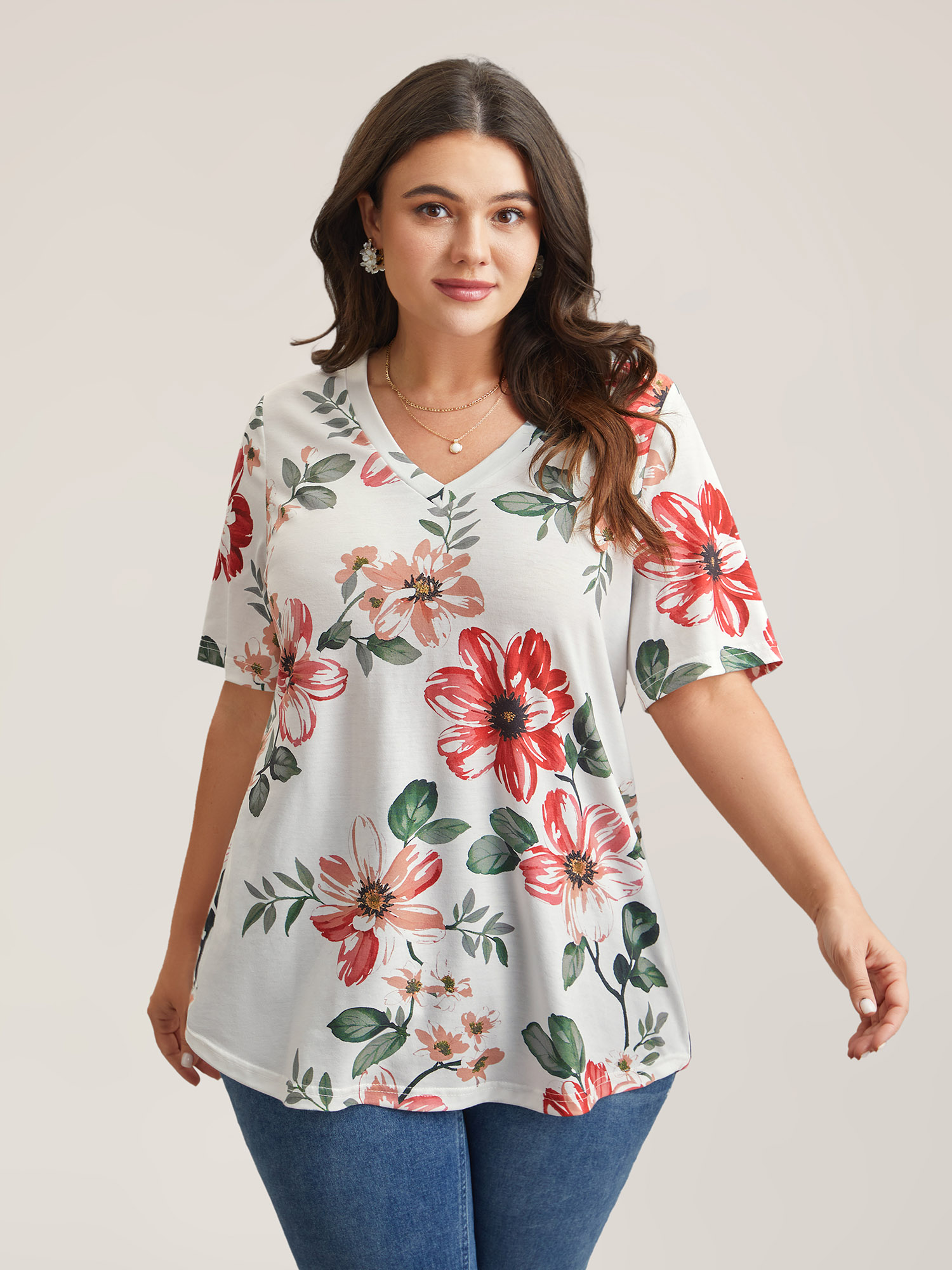 Plus Size Multi-Color Floral Print V-Neck T-Shirt Multicolor Women Elegant Non Natural Flowers V-neck Everyday T-shirts BloomChic 12/L 