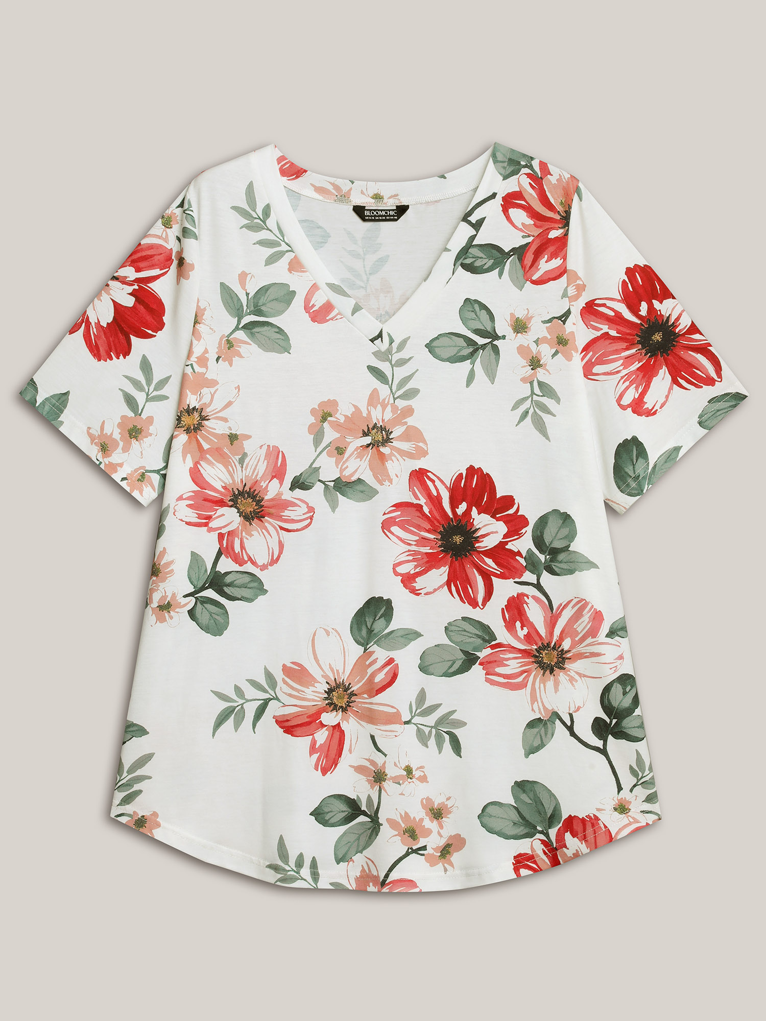 Plus Size Multi-Color Floral Print V-Neck T-Shirt Multicolor Women Elegant Non Natural Flowers V-neck Everyday T-shirts BloomChic 12/L 
