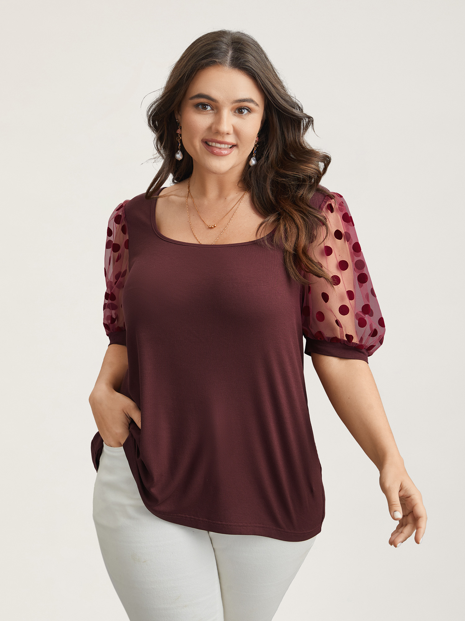 

Plus Size Polka Dot Sheer Sleeve Square Neck T-Shirt Burgundy Women Elegant Texture Square Neck Bodycon Everyday T-shirts BloomChic