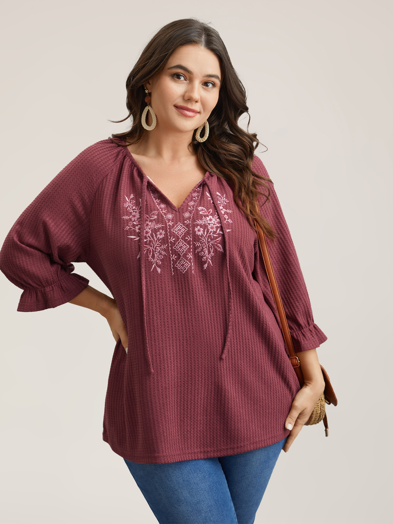 

Plus Size Embroidered Neck-Tie Ruffles Top Burgundy V-neck Elbow-length sleeve Resort Jersey Tops