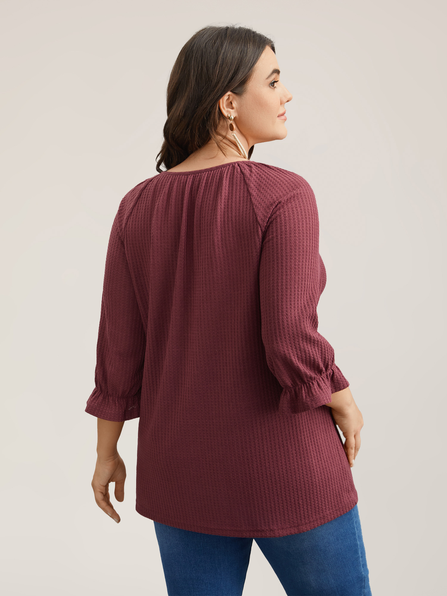 

Plus Size Embroidered Neck-Tie Ruffles Top Burgundy V-neck Elbow-length sleeve Resort Jersey Tops