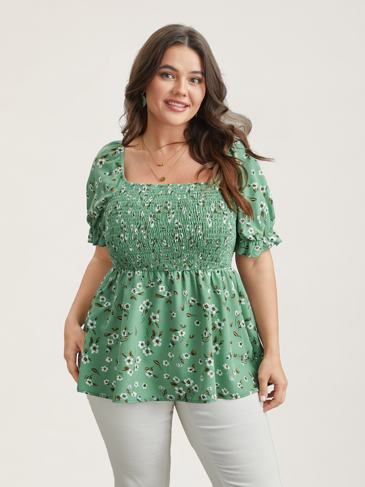 

Plus Size Greenbean Floral Print Smocked Stretchy Waist Shirt Women Elegant Short sleeve Square Neck Everyday Blouses BloomChic