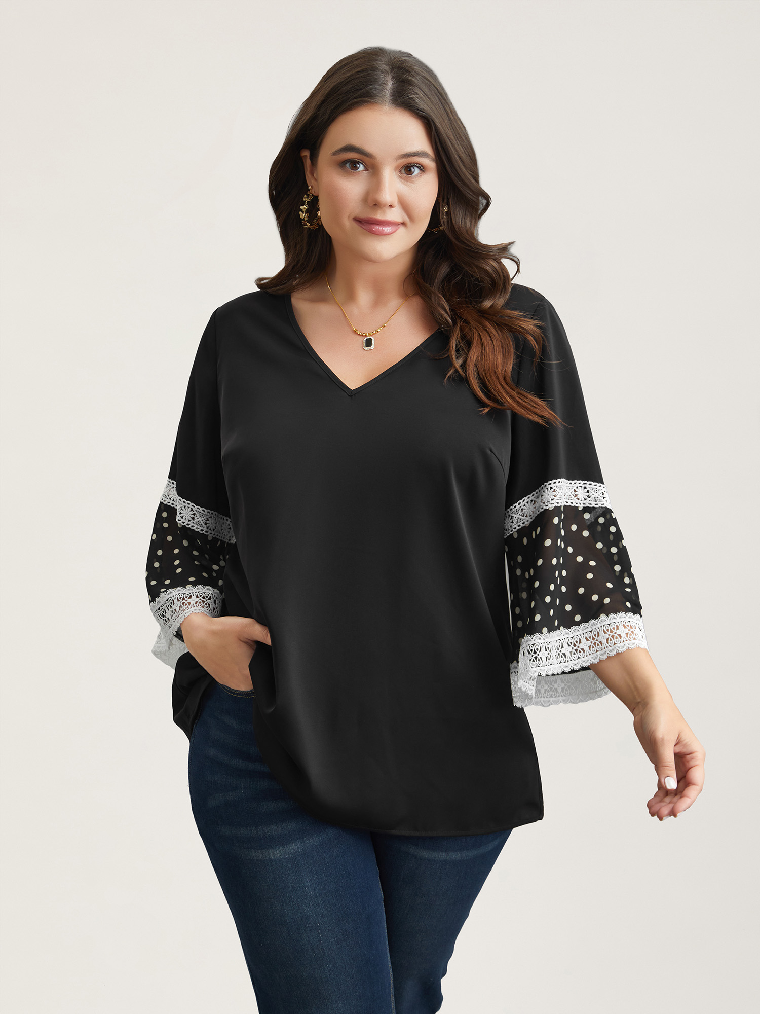 

Plus Size Black Polka Dot Paneled V-Neck Flared Shirt Women Elegant Elbow-length sleeve V-neck Everyday Blouses BloomChic