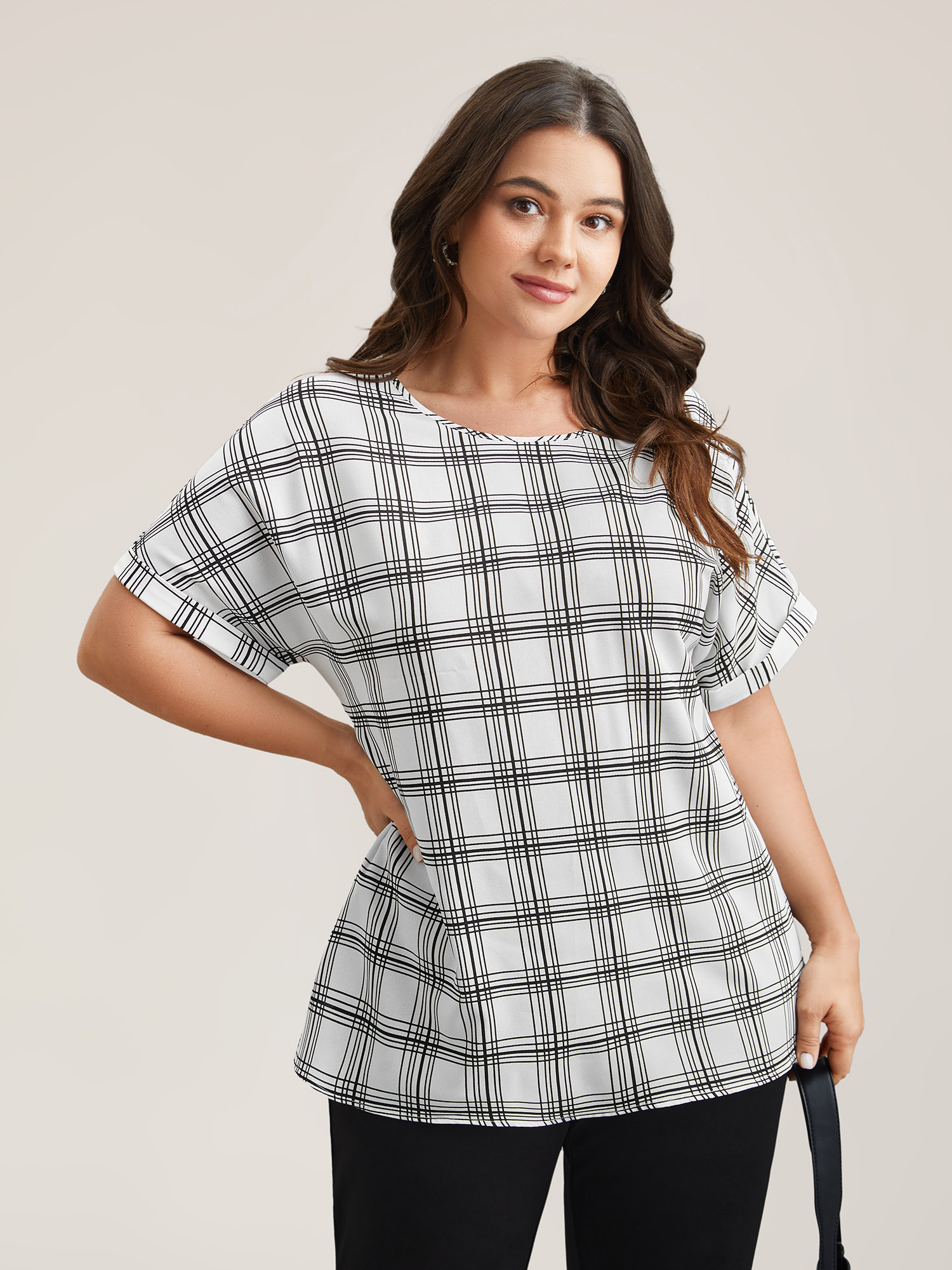 

Plus Size WhiteSmoke Plaid Rolled Hem Dolman Sleeve Shirt Women At the Office Short sleeve Round Neck Work Blouses BloomChic