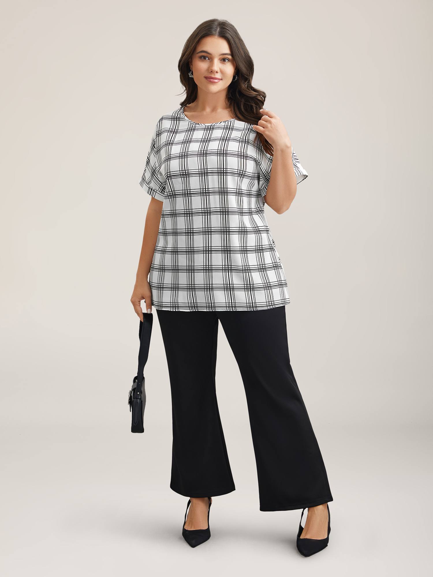 Plus Size WhiteSmoke Plaid Rolled Hem Dolman Sleeve Shirt Women At the Office Short sleeve Round Neck Work Blouses BloomChic 22-24/3X 