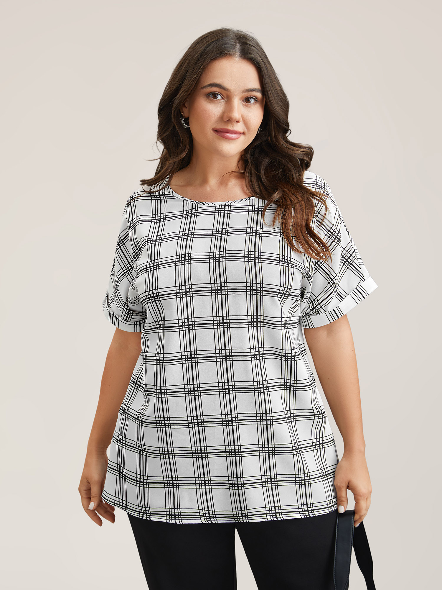 Plus Size WhiteSmoke Plaid Rolled Hem Dolman Sleeve Shirt Women At the Office Short sleeve Round Neck Work Blouses BloomChic 22-24/3X 