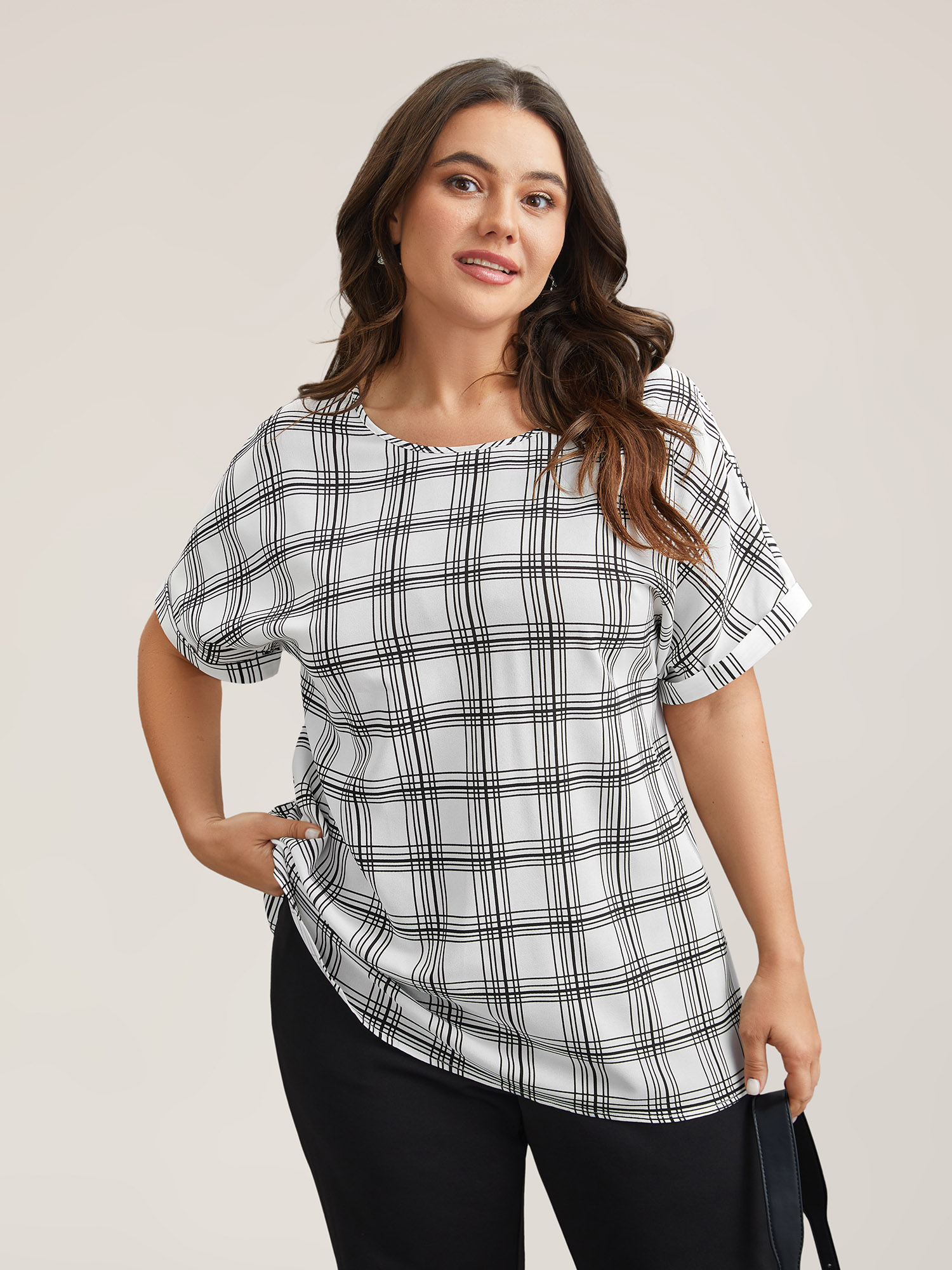 Plus Size WhiteSmoke Plaid Rolled Hem Dolman Sleeve Shirt Women At the Office Short sleeve Round Neck Work Blouses BloomChic 22-24/3X 