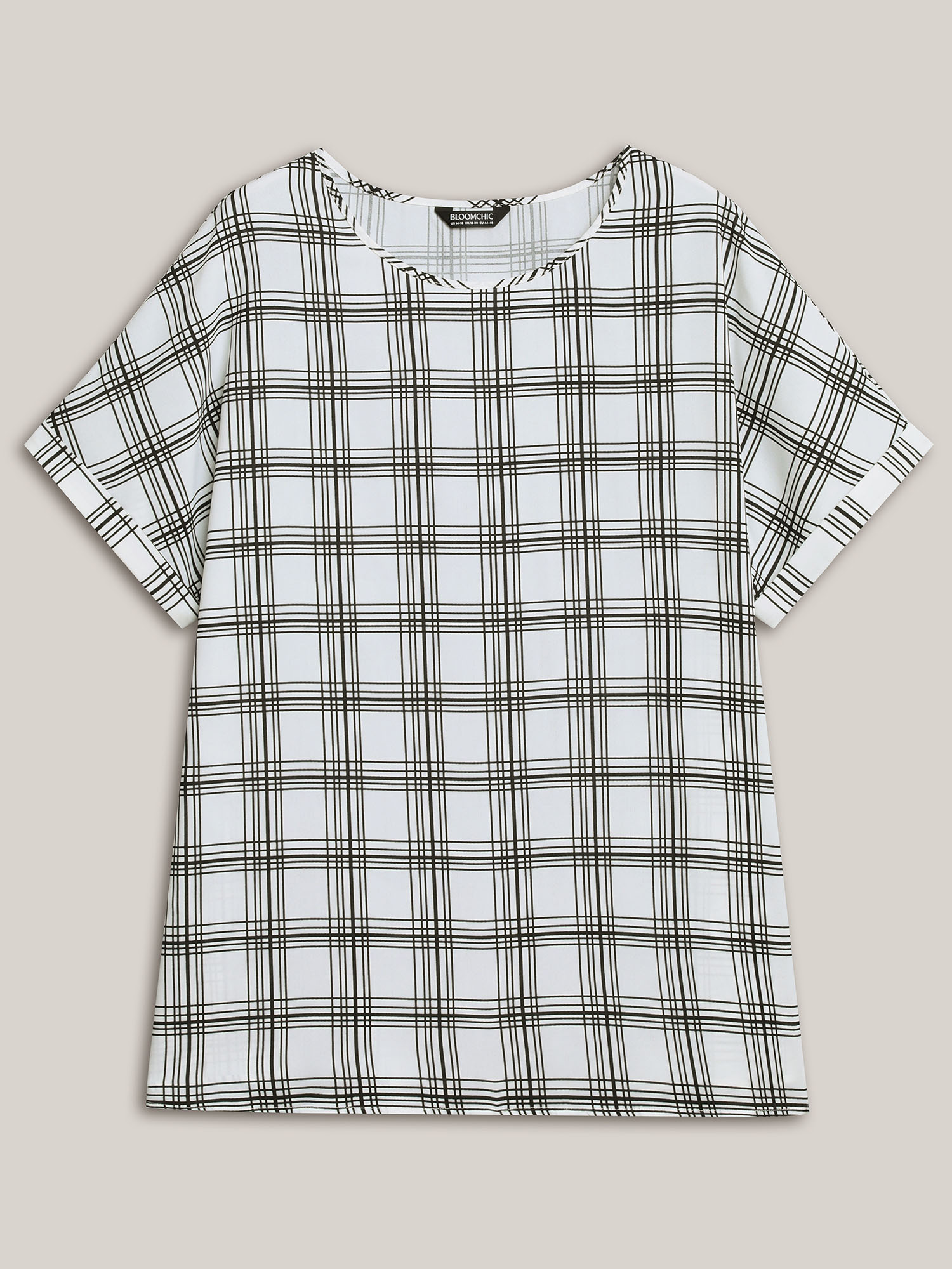 Plus Size WhiteSmoke Plaid Rolled Hem Dolman Sleeve Shirt Women At the Office Short sleeve Round Neck Work Blouses BloomChic 22-24/3X 