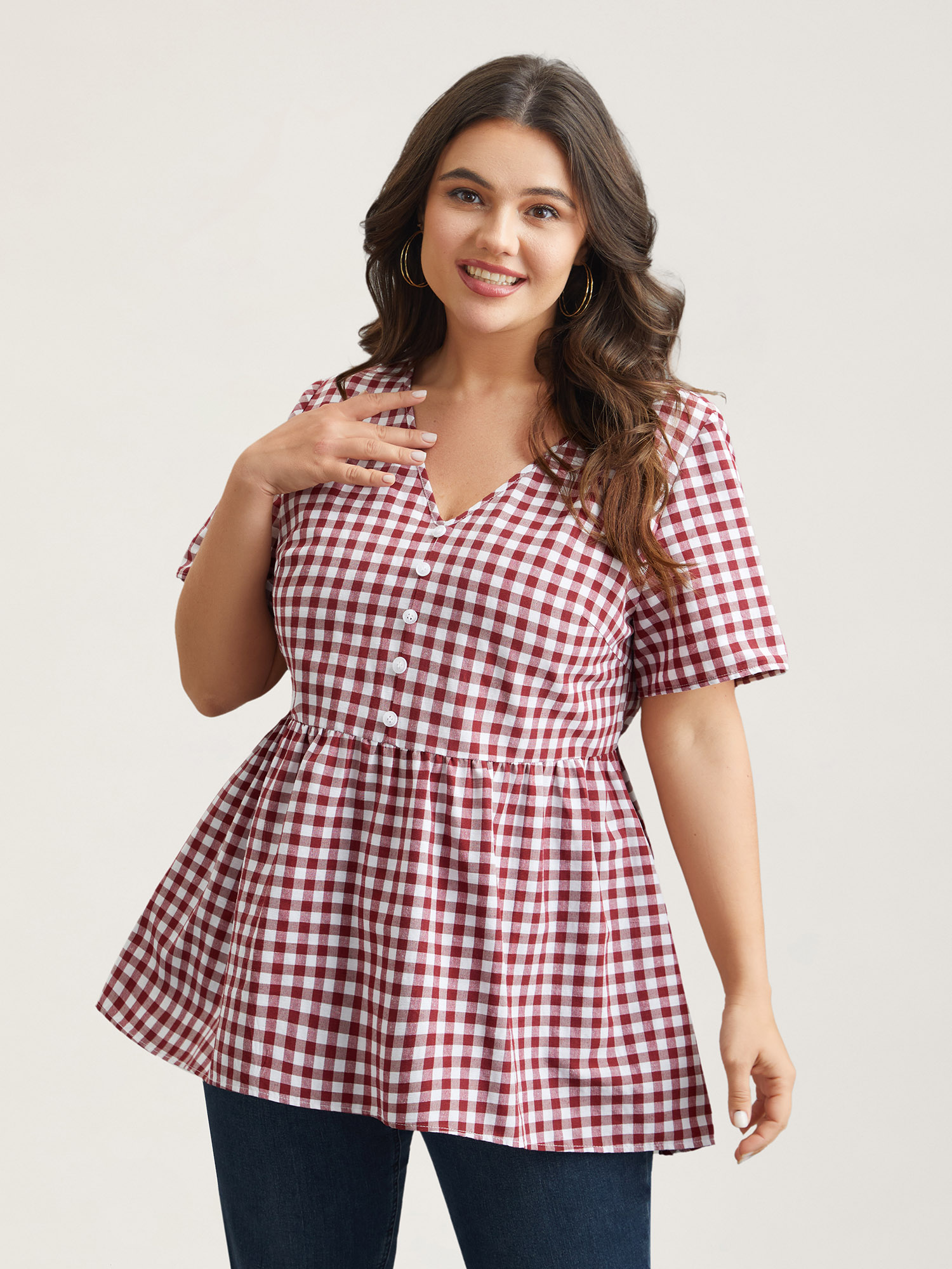 

Plus Size Crimson Plaid Hi-Low Hem Button Shirt Women Casual Short sleeve V-neck Everyday Blouses BloomChic