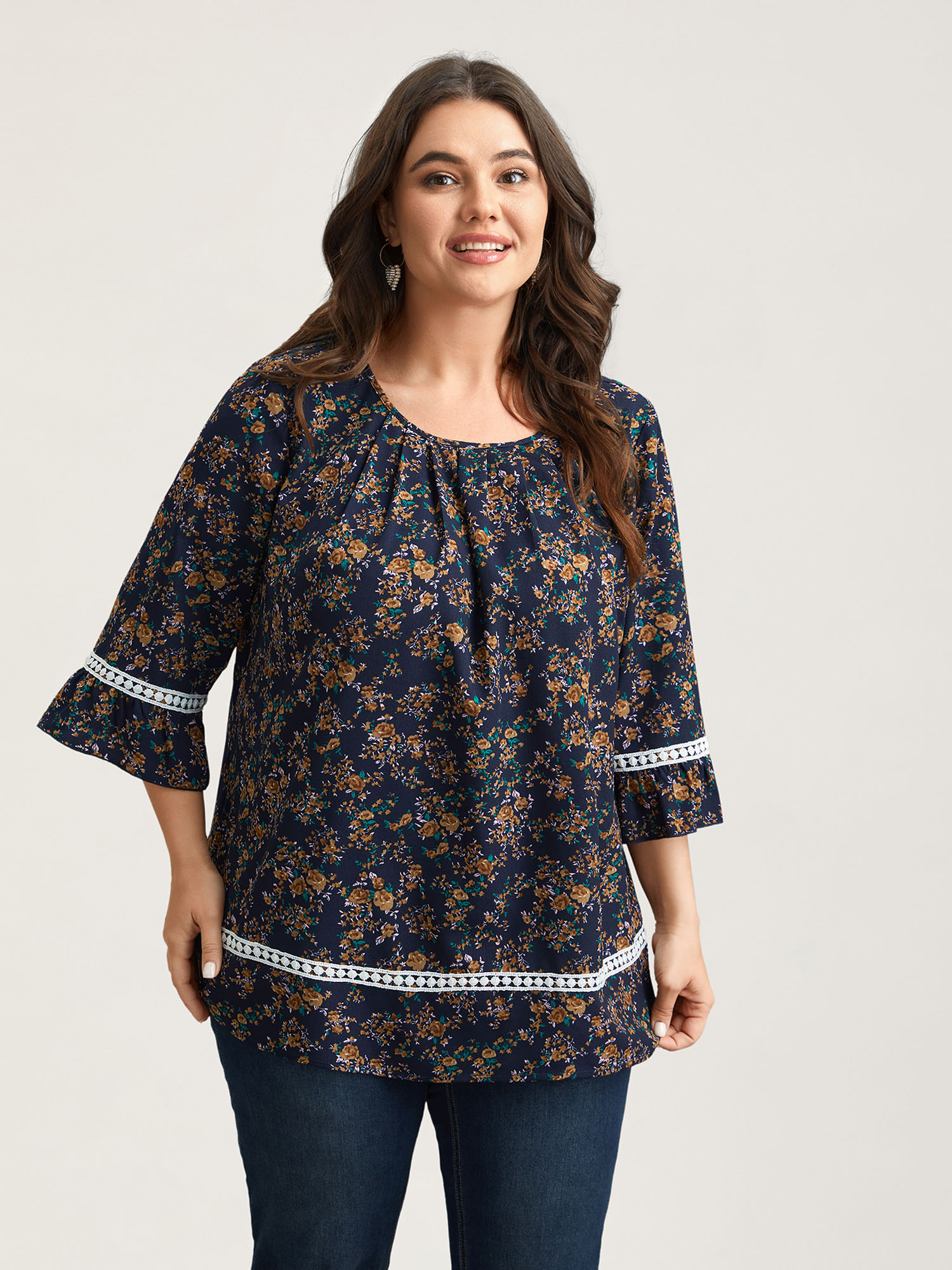 

Plus Size Indigo Floral Print Lace Paneled Gathered Shirt Women Elegant Elbow-length sleeve Round Neck Everyday Blouses BloomChic