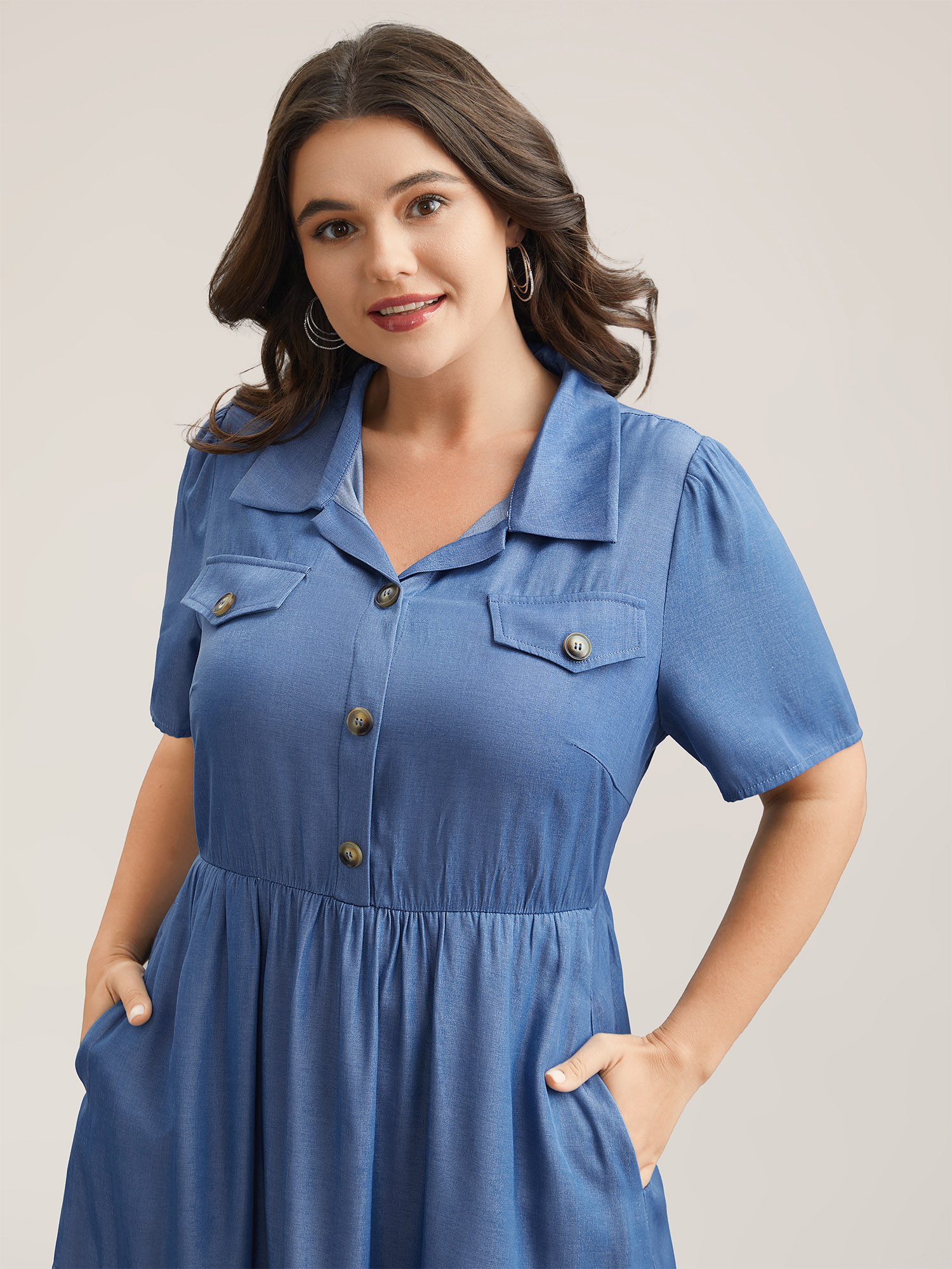 

Plus Size Fake Denim Stretchy-Waist Placket Midi Dress LightBlue Women Casual Button Shirt collar Short sleeve Curvy BloomChic