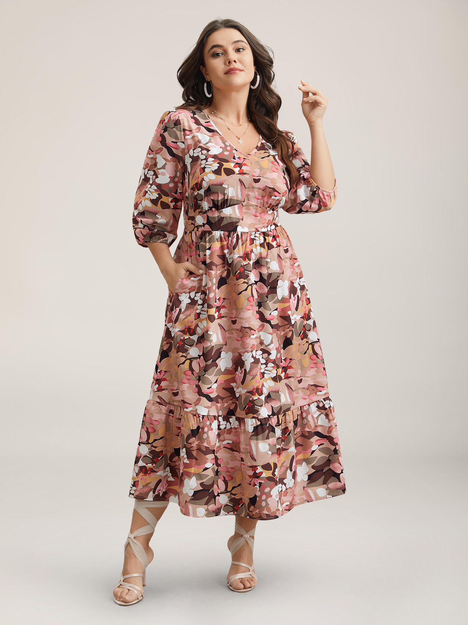 Plus Size Brush Flower Lace Corset Stretchy Midi Dress DustyPink Women Elegant Gathered V-neck Elbow-length sleeve Curvy BloomChic 12/L 
