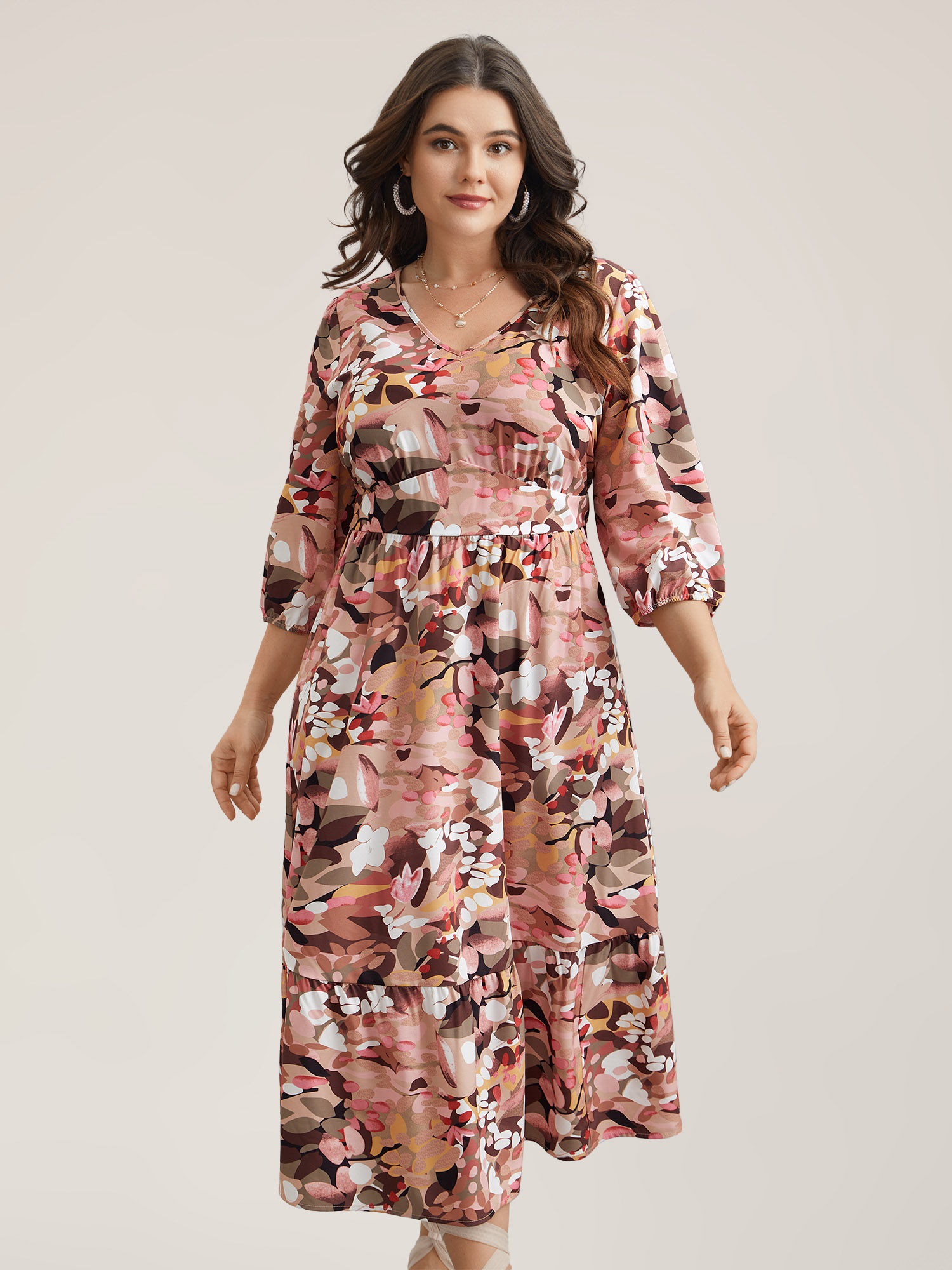 Plus Size Brush Flower Lace Corset Stretchy Midi Dress DustyPink Women Elegant Gathered V-neck Elbow-length sleeve Curvy BloomChic 12/L 
