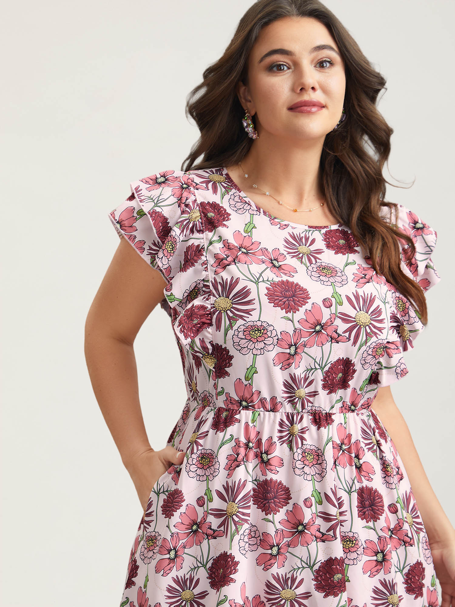 

Plus Size Ruffled Floral Print Stretchy-Waist Midi Dress Multicolor Women Elegant Ruffles Round Neck Cap Sleeve Curvy BloomChic