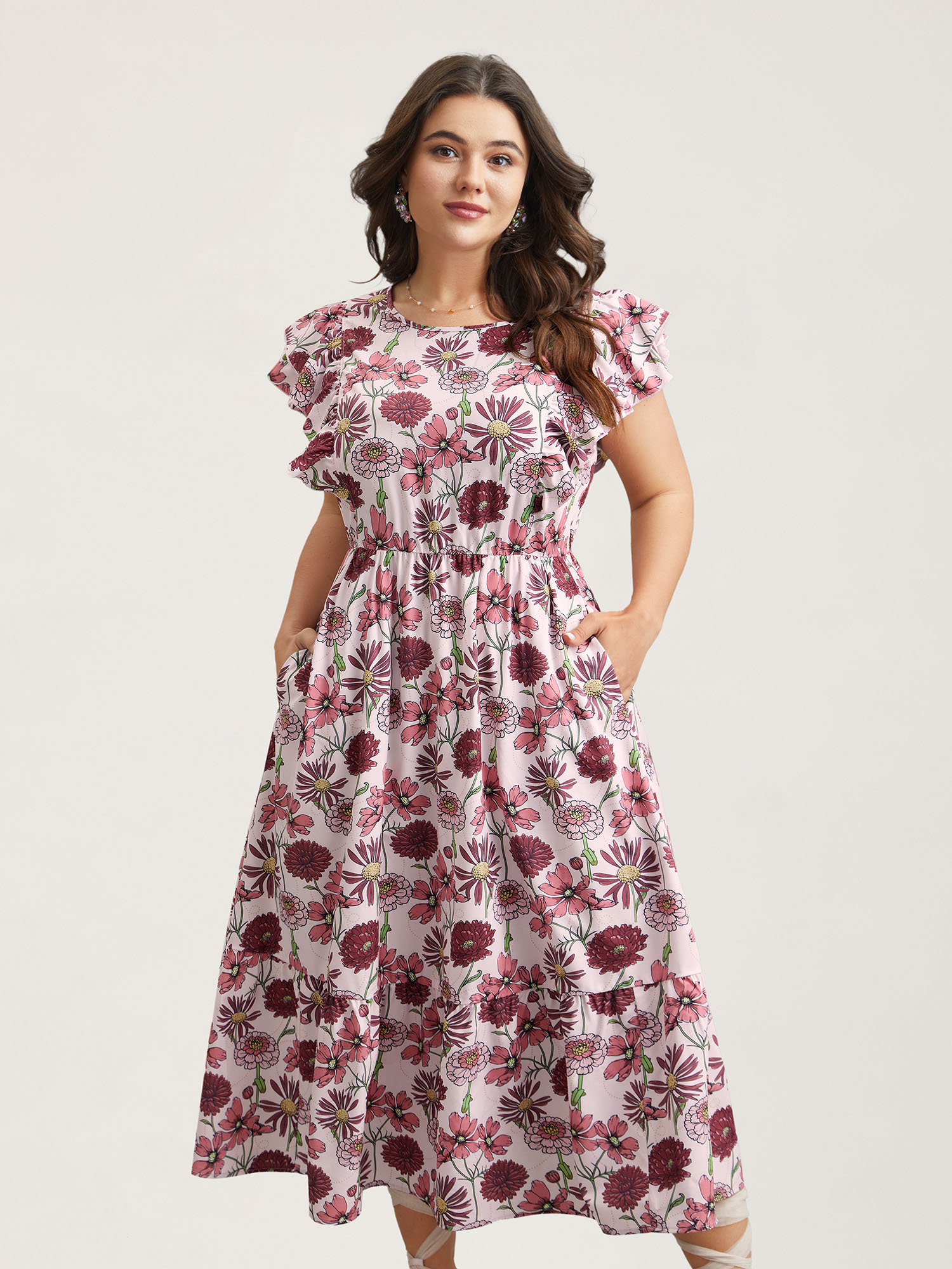 Plus Size Ruffled Floral Print Stretchy-Waist Midi Dress Multicolor Women Elegant Ruffles Round Neck Cap Sleeve Curvy BloomChic 10/M 