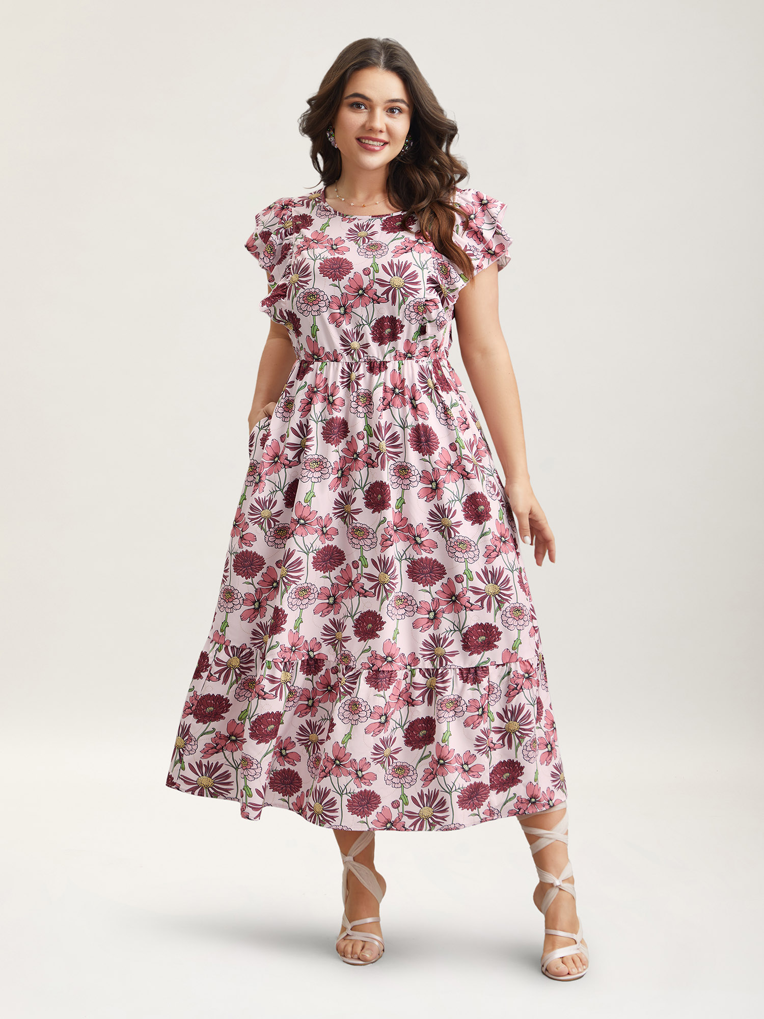 Plus Size Ruffled Floral Print Stretchy-Waist Midi Dress Multicolor Women Elegant Ruffles Round Neck Cap Sleeve Curvy BloomChic 10/M 