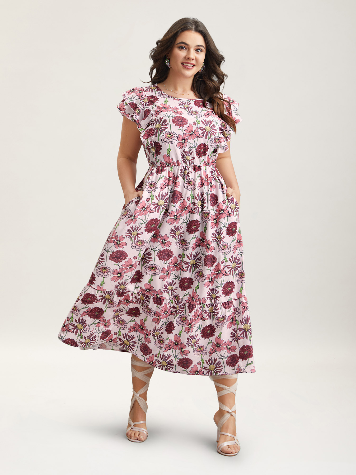 Plus Size Ruffled Floral Print Stretchy-Waist Midi Dress Multicolor Women Elegant Ruffles Round Neck Cap Sleeve Curvy BloomChic 10/M 