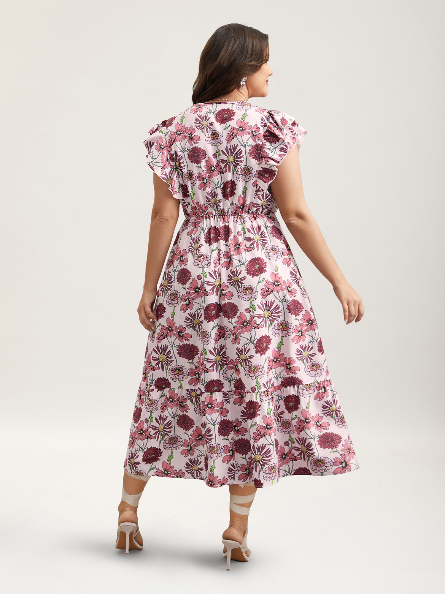 Plus Size Ruffled Floral Print Stretchy-Waist Midi Dress Multicolor Women Elegant Ruffles Round Neck Cap Sleeve Curvy BloomChic 10/M 