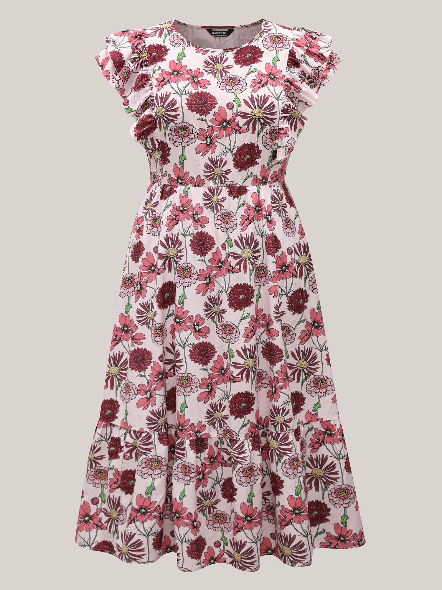 Plus Size Ruffled Floral Print Stretchy-Waist Midi Dress Multicolor Women Elegant Ruffles Round Neck Cap Sleeve Curvy BloomChic 10/M 