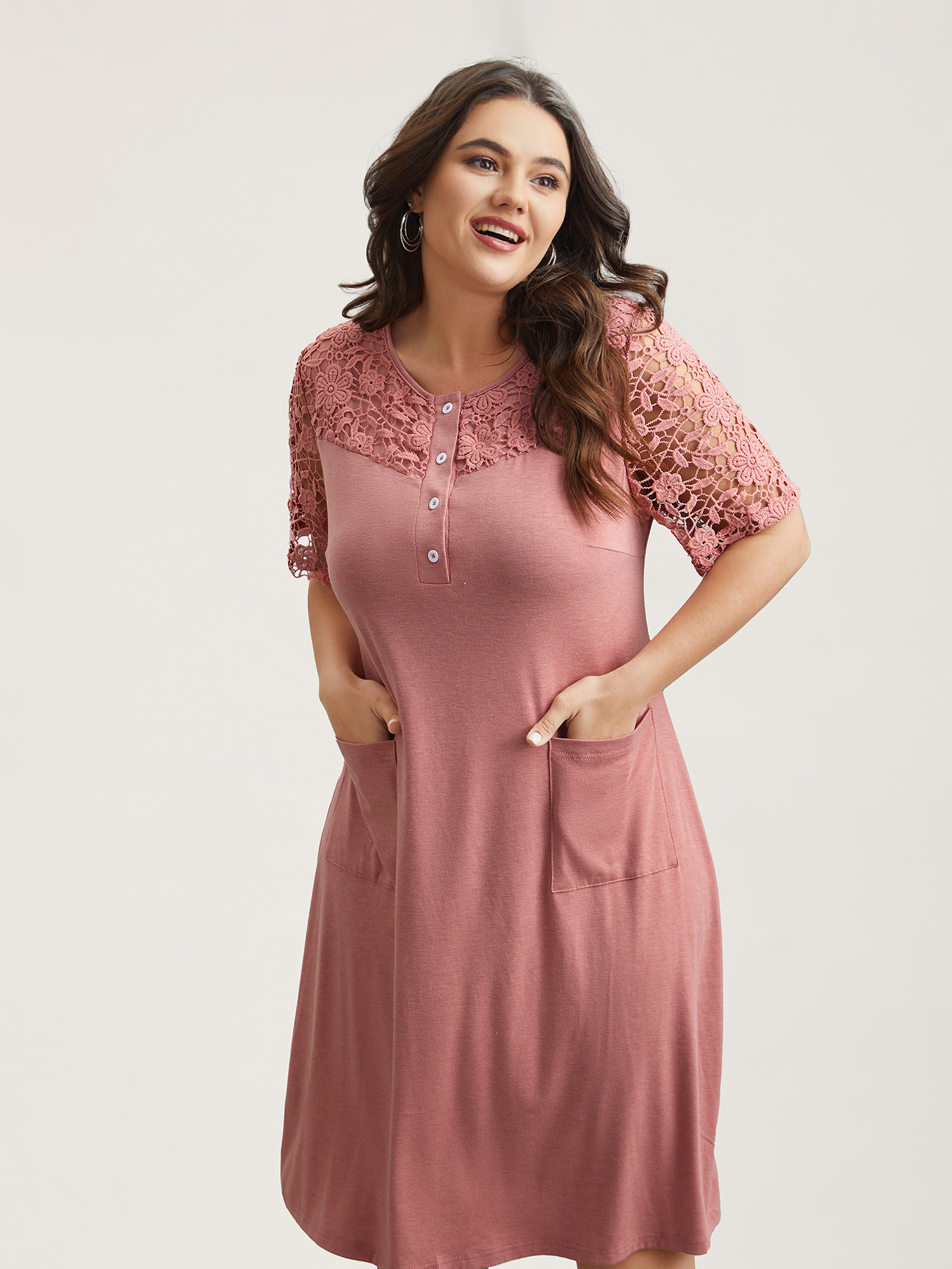 

Plus Size Sheer Lace Placket Pockets Midi Dress DustyPink Women Casual Woven ribbon&lace trim Knit Dresses Bloomchic