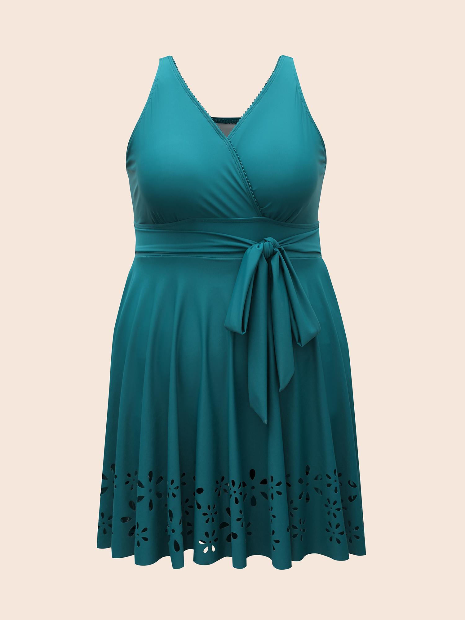 Plus Size Surplice Neck Belted Laser Cut Swim Dress Women`s Swimwear Teal Beach Bodycon Overlap Collar High stretch Curve Swim Dresses BloomChic 10/M 