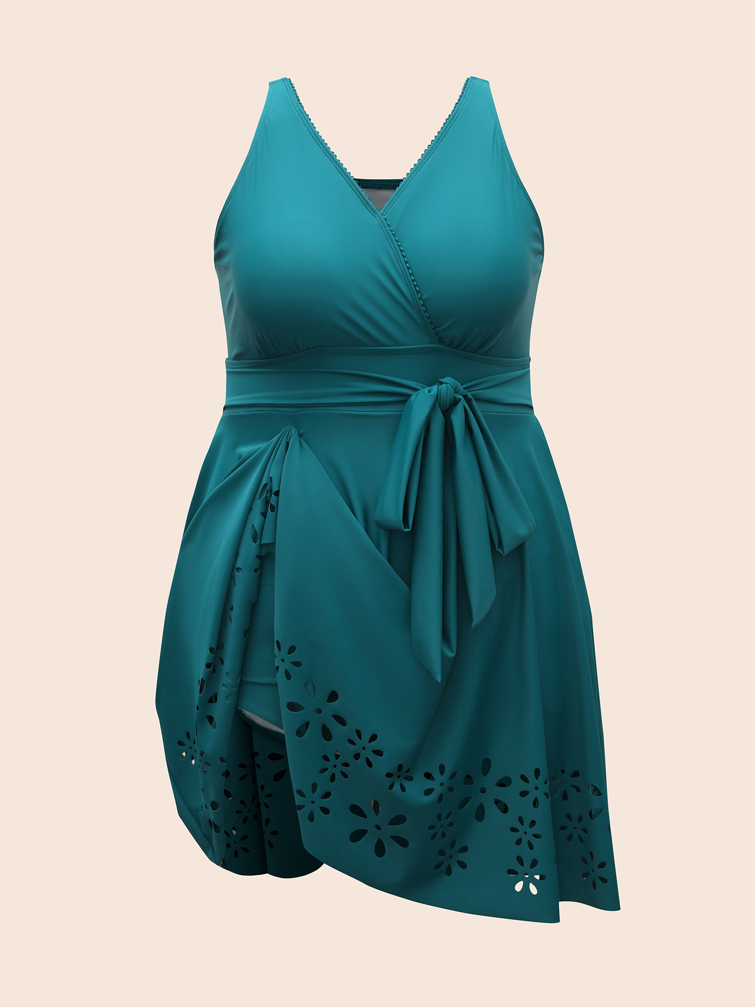 Plus Size Surplice Neck Belted Laser Cut Swim Dress Women`s Swimwear Teal Beach Bodycon Overlap Collar High stretch Curve Swim Dresses BloomChic 10/M 