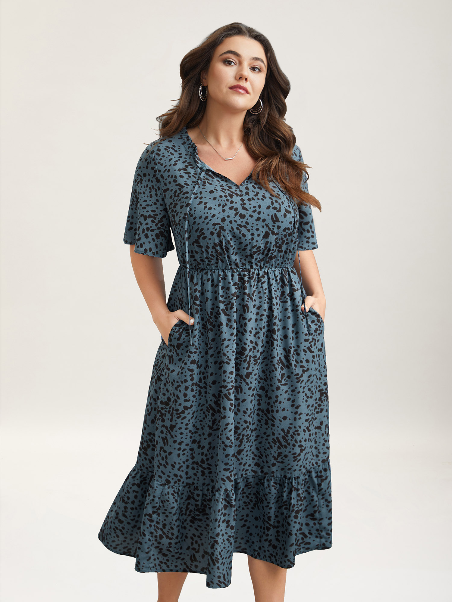 

Plus Size Animal Print Tied Tiered Midi Dress Stone Women Casual Tie knot Notched collar Short sleeve Curvy BloomChic