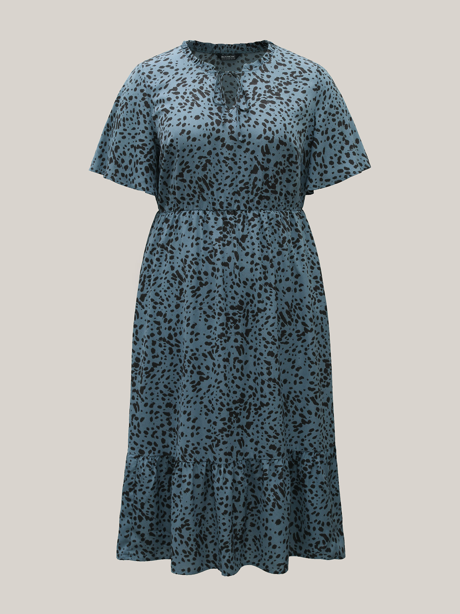 Plus Size Animal Print Tied Tiered Midi Dress Stone Women Casual Tie knot Notched collar Short sleeve Curvy BloomChic 22-24/3X 