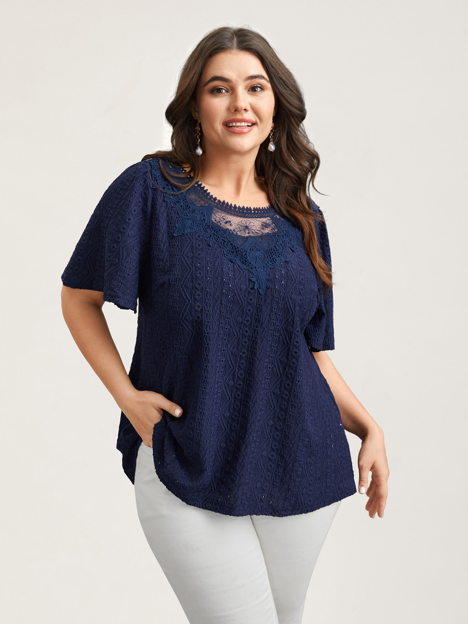 

Plus Size Lace Sheer Neck Textured Top Indigo Round Neck Short sleeve Elegant Jersey Tops