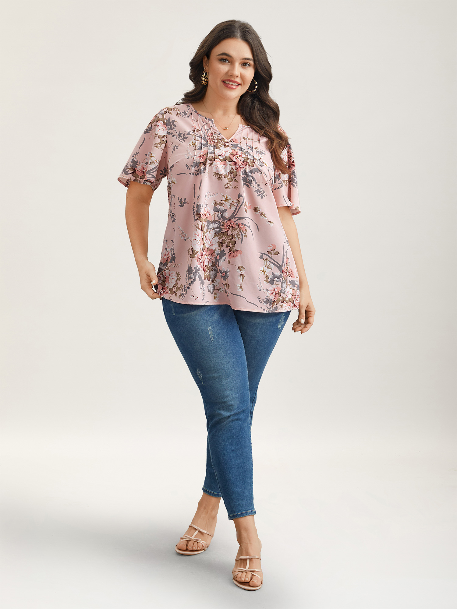 

Plus Size Nudepink Spring Pattern Neck Cut-Out Pleated Shirt Women Elegant Short sleeve Notched collar Everyday Blouses BloomChic