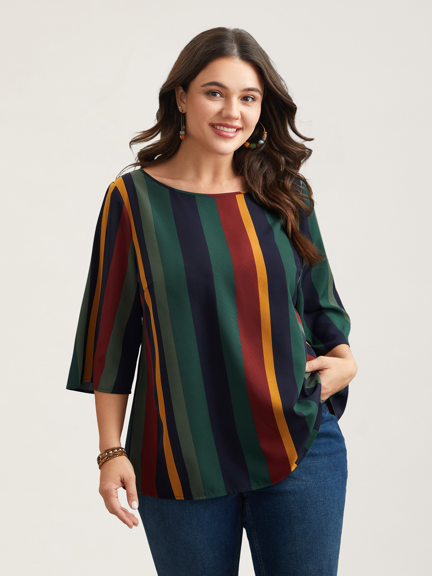 

Plus Size Multicolor Multi-Color Striped Round Neck Shirt Women Resort Elbow-length sleeve Round Neck Vacation Blouses BloomChic