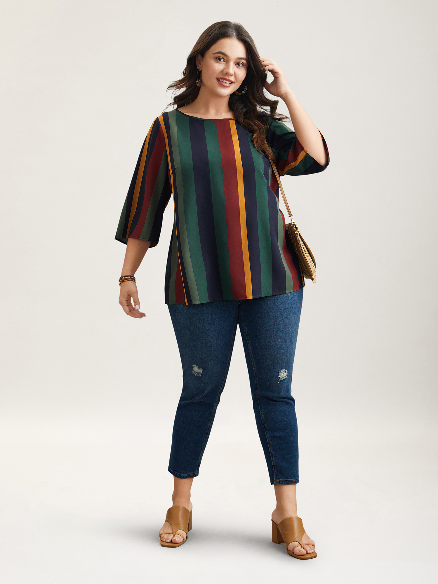 Plus Size Multicolor Multi-Color Striped Round Neck Shirt Women Resort Elbow-length sleeve Round Neck Vacation Blouses BloomChic 28/5X 