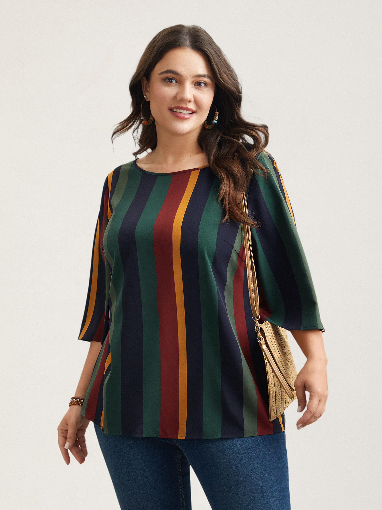 Plus Size Multicolor Multi-Color Striped Round Neck Shirt Women Resort Elbow-length sleeve Round Neck Vacation Blouses BloomChic 28/5X 