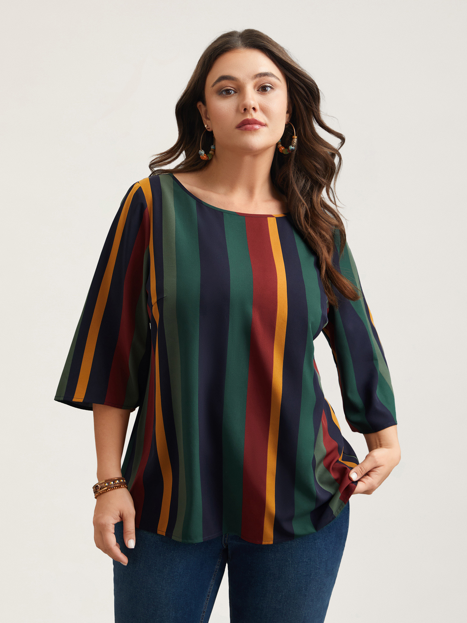 

Plus Size Multicolor Multi-Color Striped Round Neck Shirt Women Resort Elbow-length sleeve Round Neck Vacation Blouses BloomChic