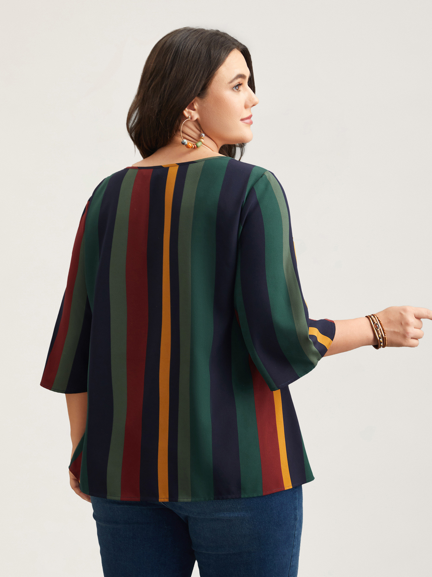 Plus Size Multicolor Multi-Color Striped Round Neck Shirt Women Resort Elbow-length sleeve Round Neck Vacation Blouses BloomChic 28/5X 