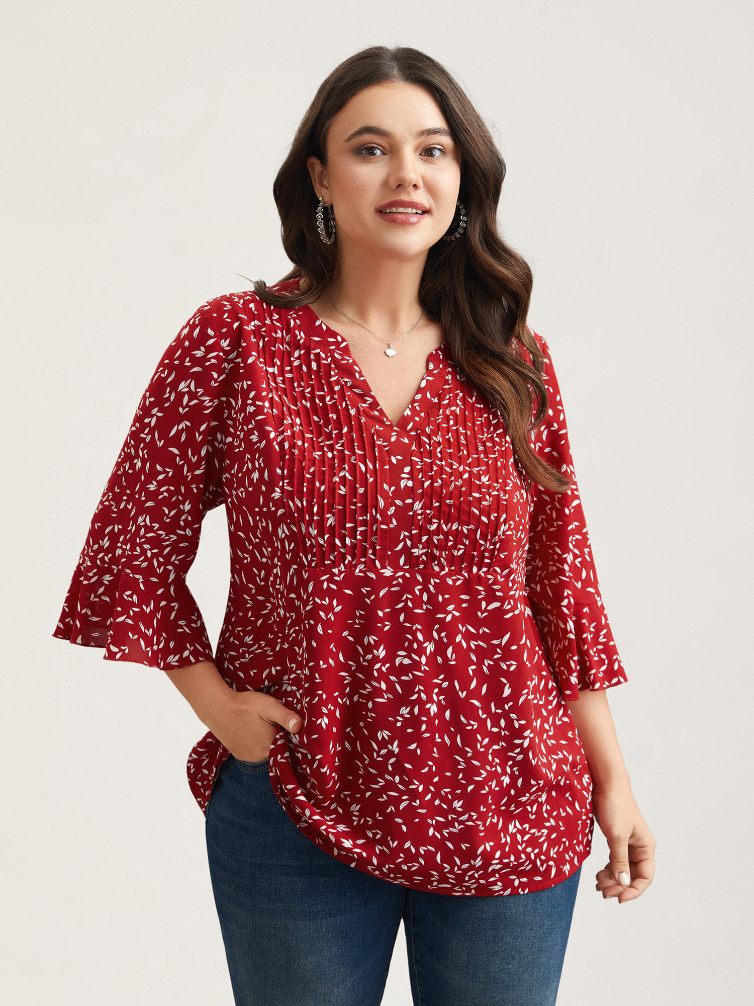 

Plus Size Raspberry Toothpick Pleat Floral Notched Collar Shirt Women Elegant Elbow-length sleeve Notched collar Everyday Blouses BloomChic