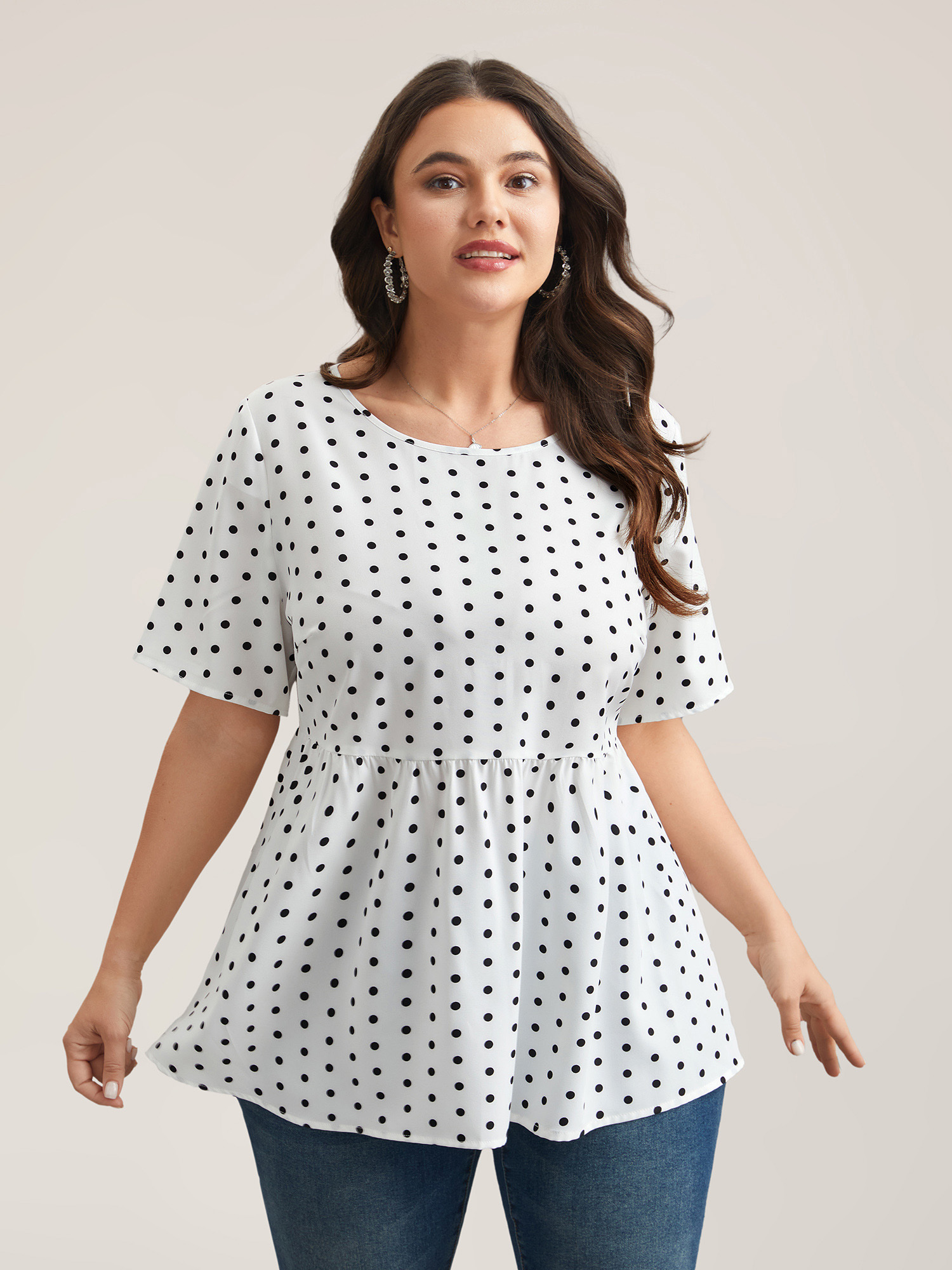 

Plus Size Originalwhite Polka Dot Button-Back Flared Shirt Women Elegant Short sleeve Round Neck Everyday Blouses BloomChic