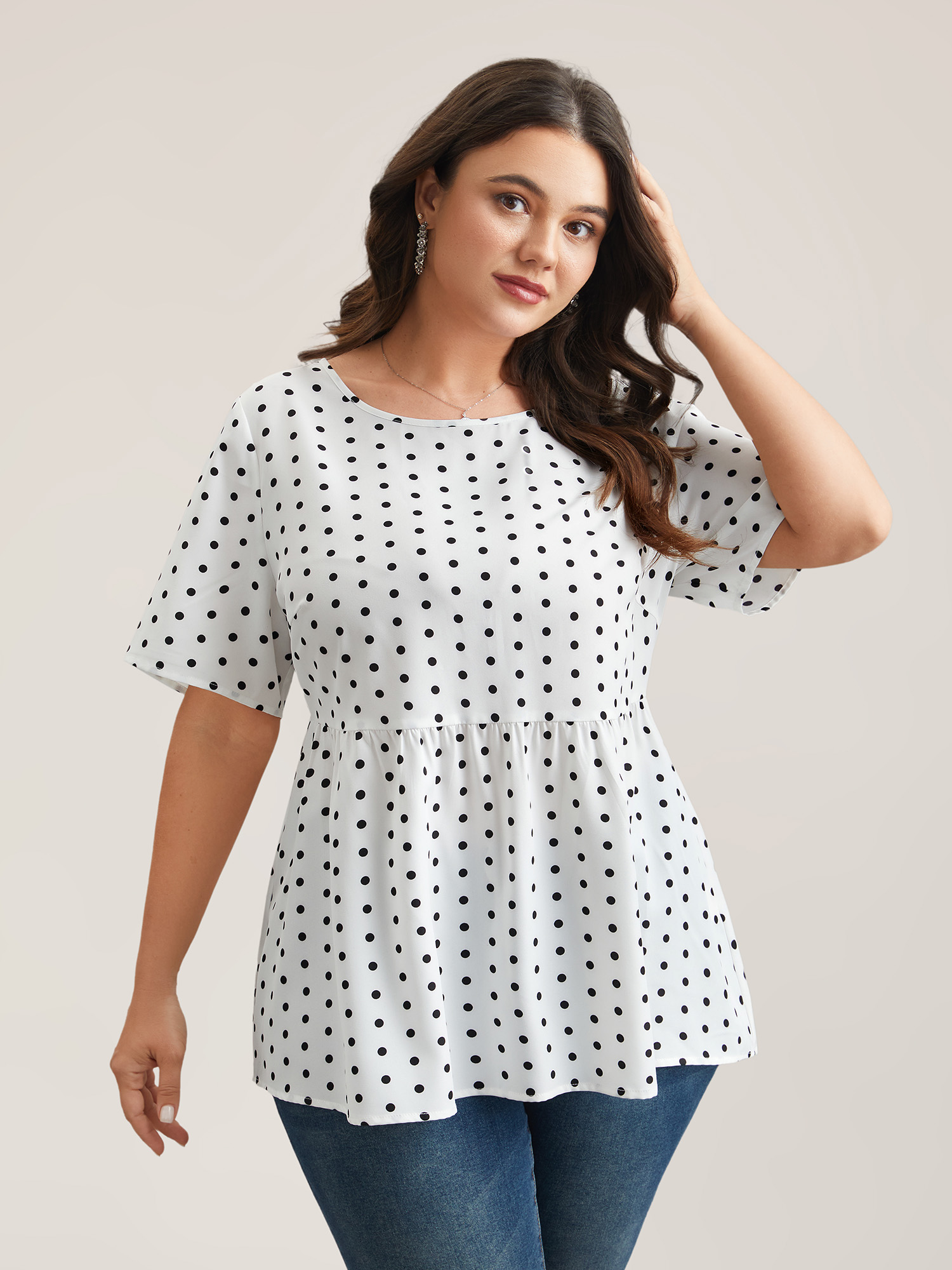 

Plus Size Originalwhite Polka Dot Button-Back Flared Shirt Women Elegant Short sleeve Round Neck Everyday Blouses BloomChic