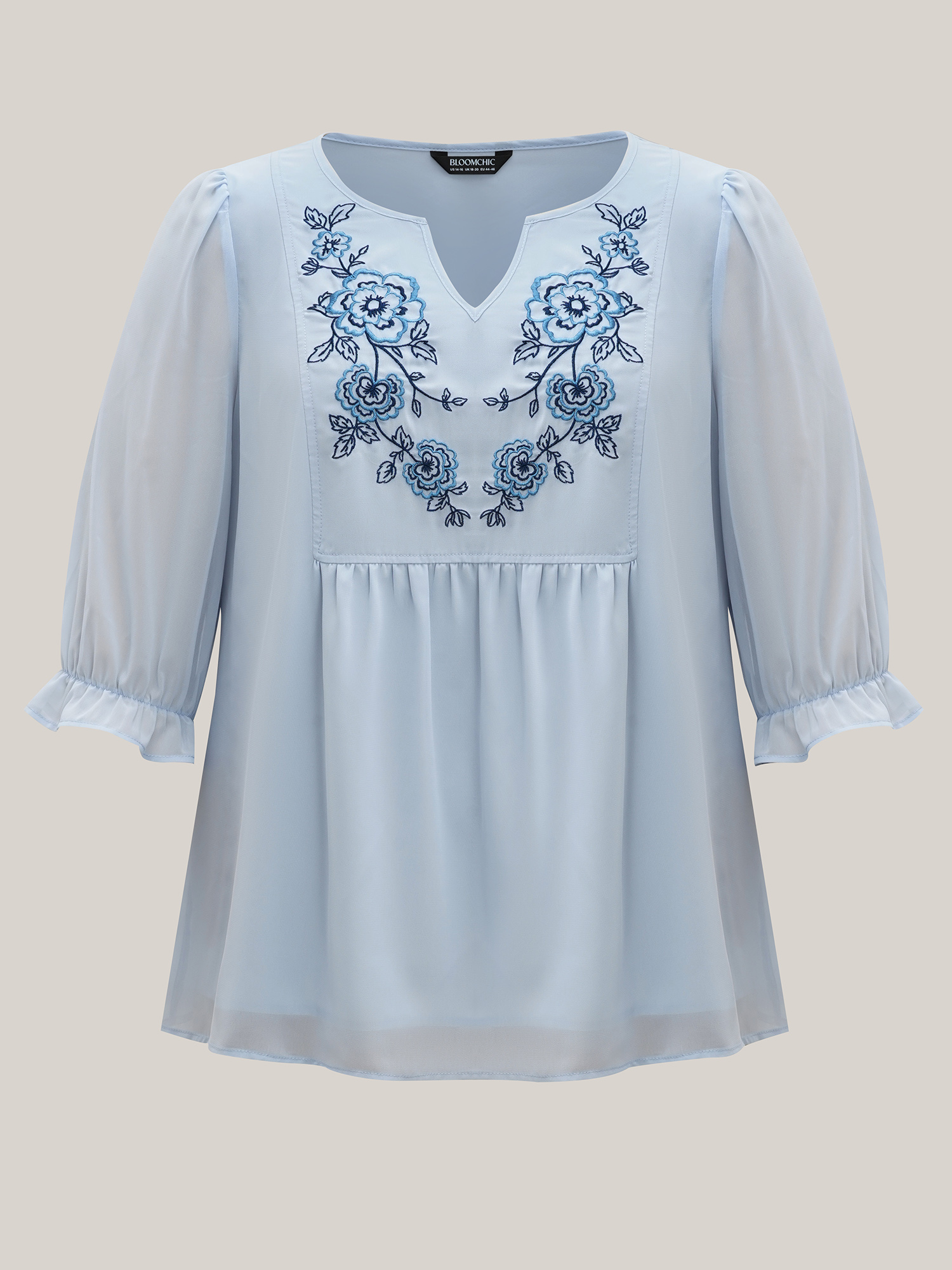 

Plus Size LightBlue Chiffon Embroidery Puff Sleeve Pleated Shirt Women Elegant Elbow-length sleeve Notched collar Everyday Blouses BloomChic