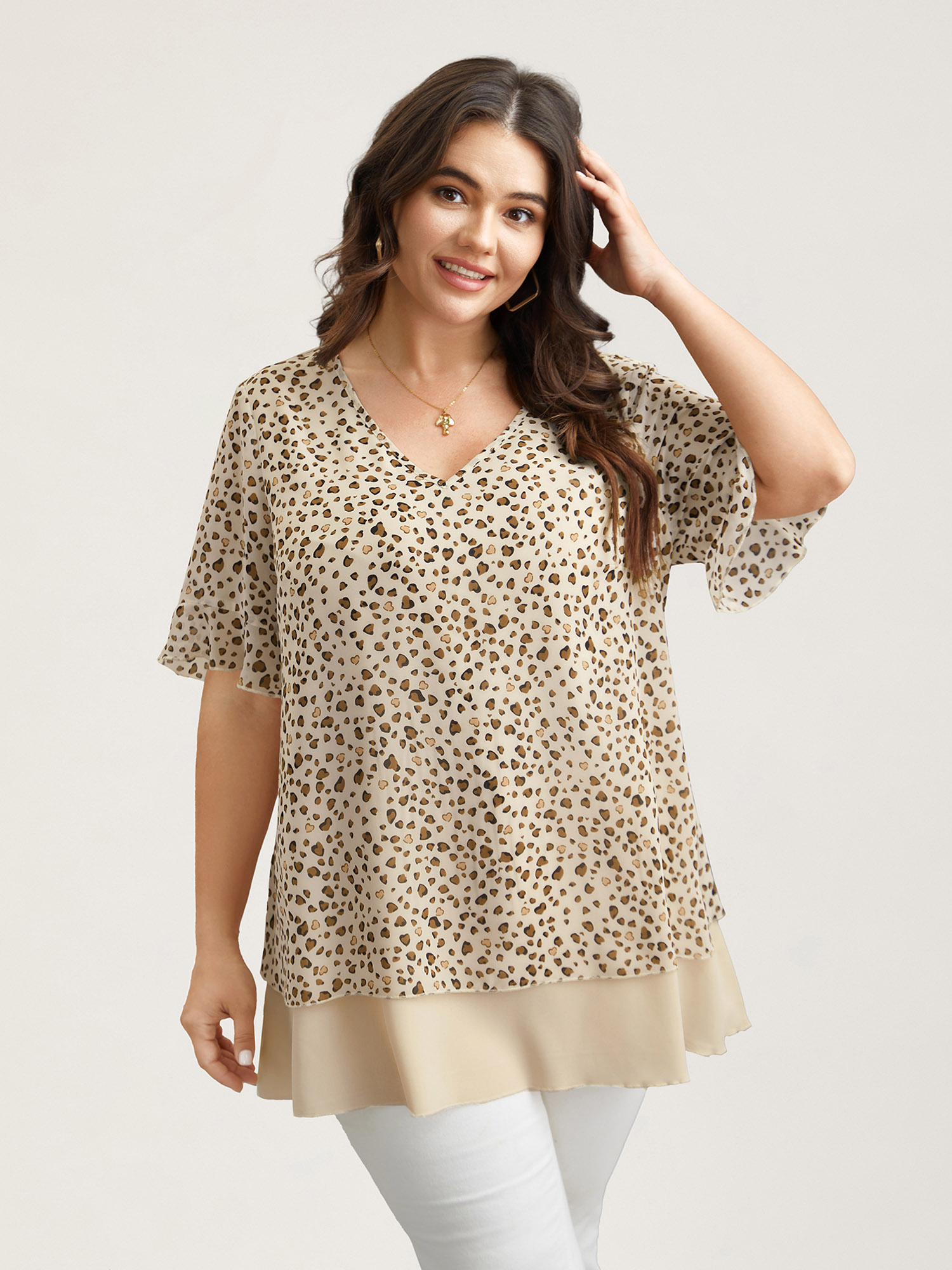 

Plus Size LightBrown Polka Dot Print Ruffled V-Neck Layered Shirt Women Casual Half Sleeve V-neck Everyday Blouses BloomChic