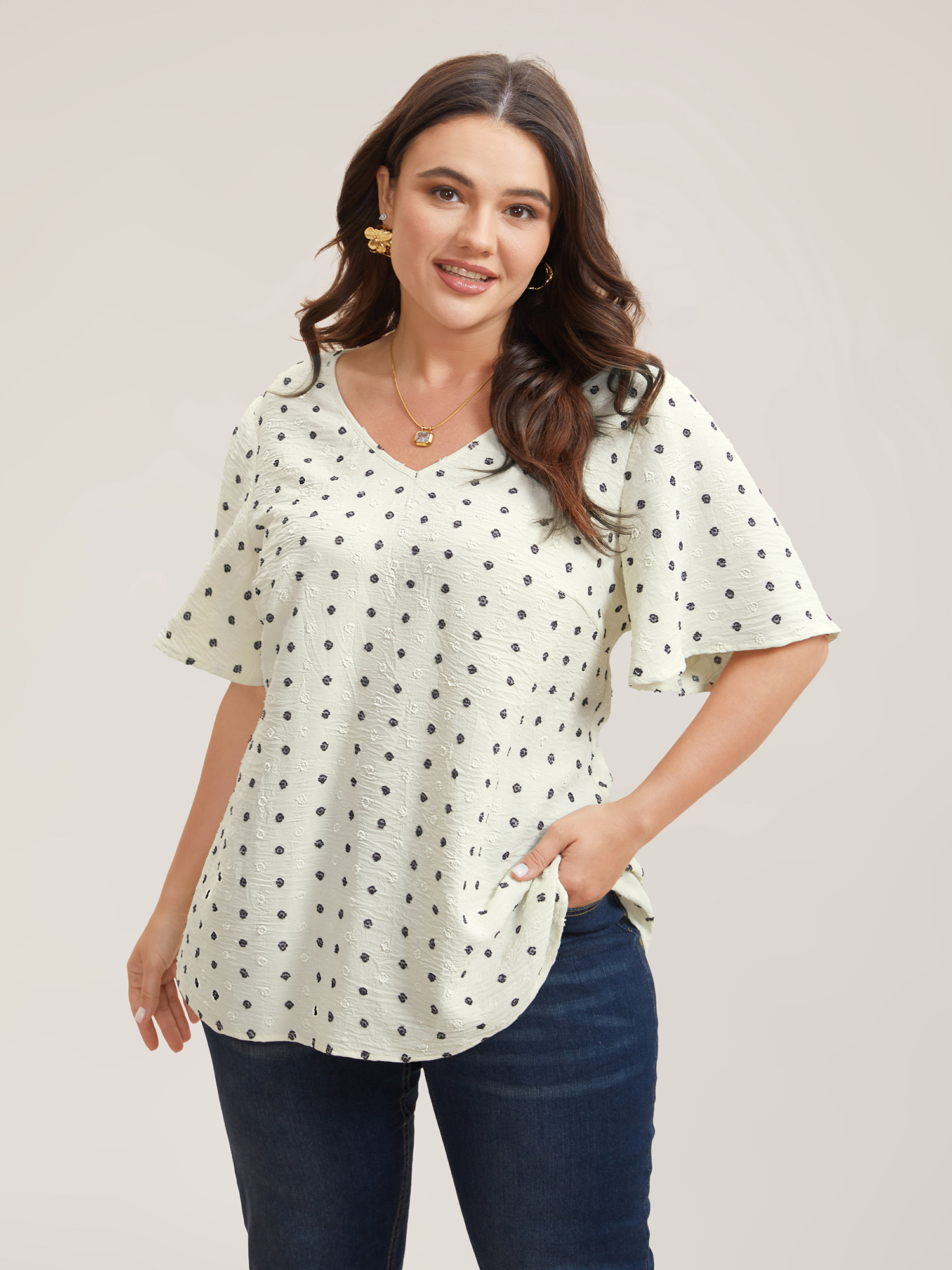 

Plus Size Beige Textured Polka Dot Print Flared Sleeve Shirt Women Elegant Short sleeve V-neck Everyday Blouses BloomChic